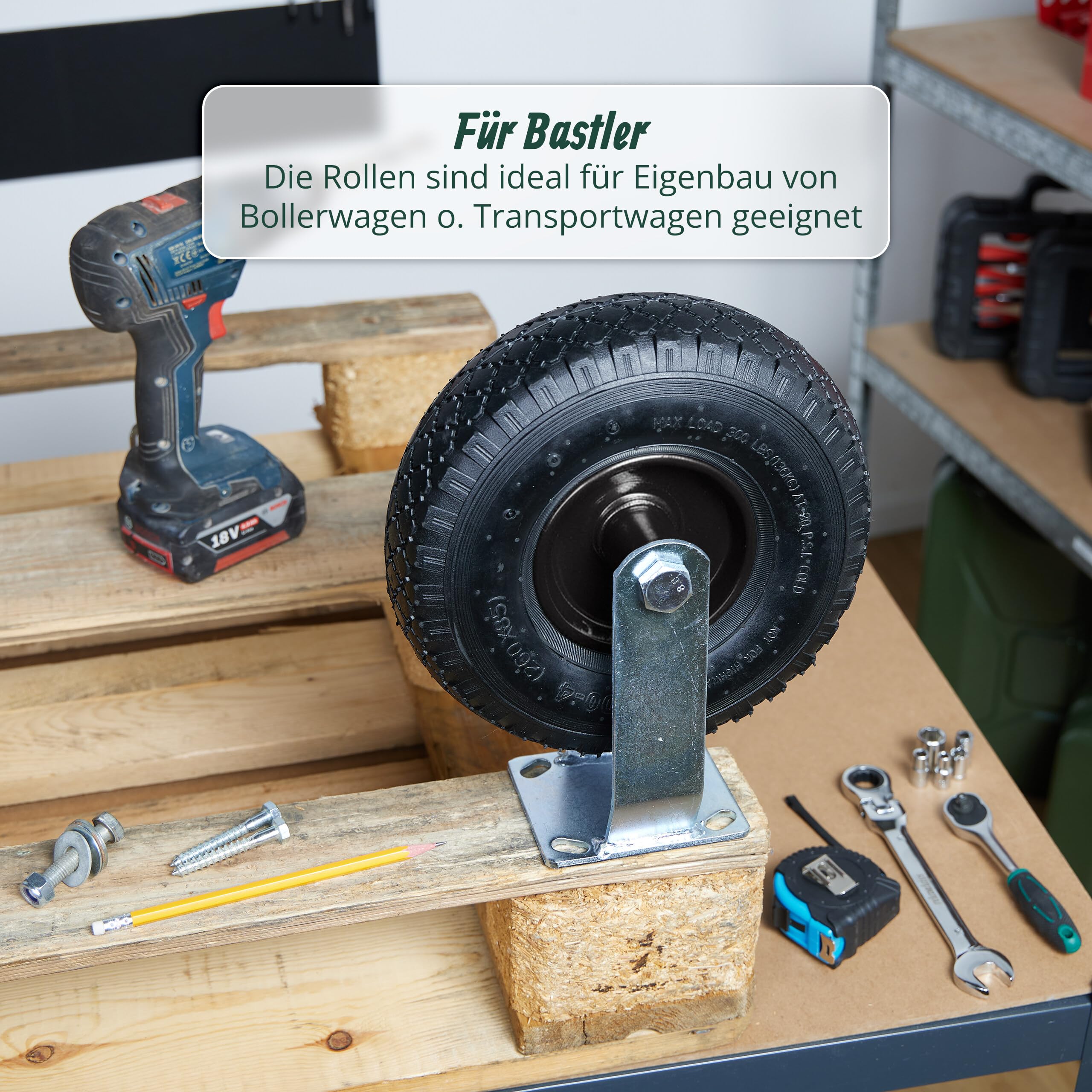 Relaxdays 2X Bockrolle + 2X Lenkrolle Set, luftbereiftes Schwerlastrad, 3.00-4, Transportrollen 120 kg, schwarz/Silber