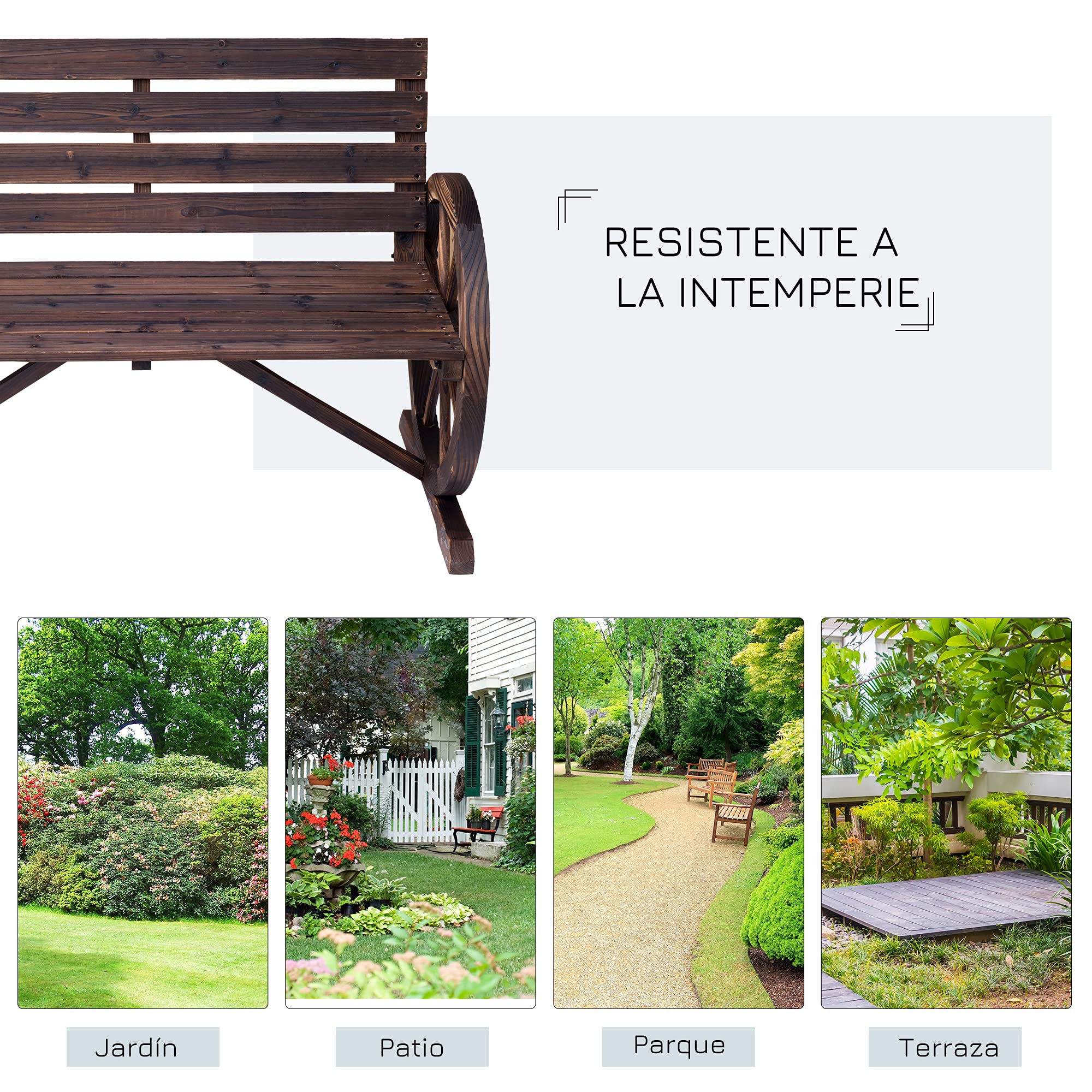 Outsunny Banco de Jardín de Madera, Banco de Exterior con Reposabrazos en Forma de Rueda, Estilo Rústico, Carga 250 kg, de 2 Plazas, para Patio, Terraza, 105,5x59x75 cm, Carbonizado