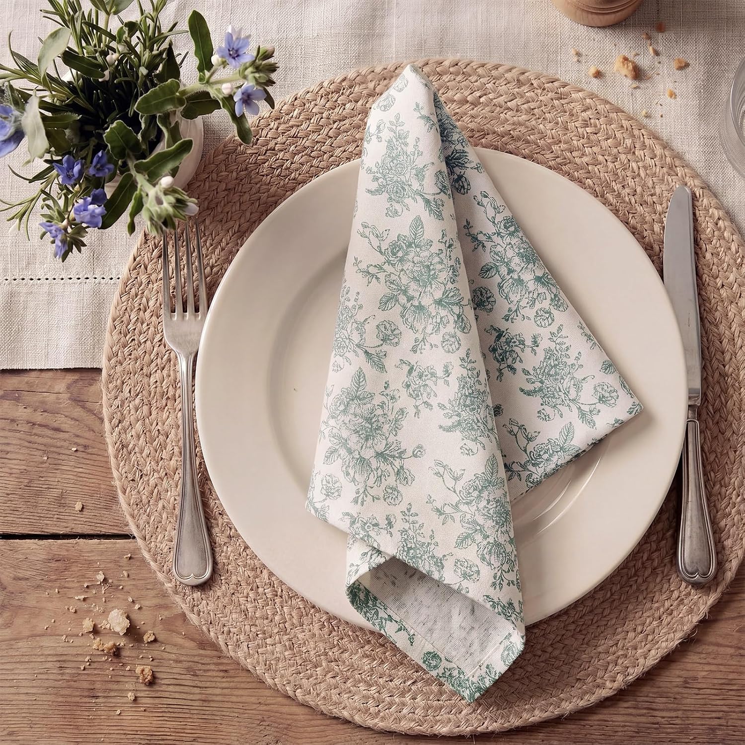 Mindsoft Sage Green Floral Linen Napkins (Set of 12) -18x18 Inch Linen Dinner Napkins - Reusable Washable Cottagecore Decor for Weddings & Parties