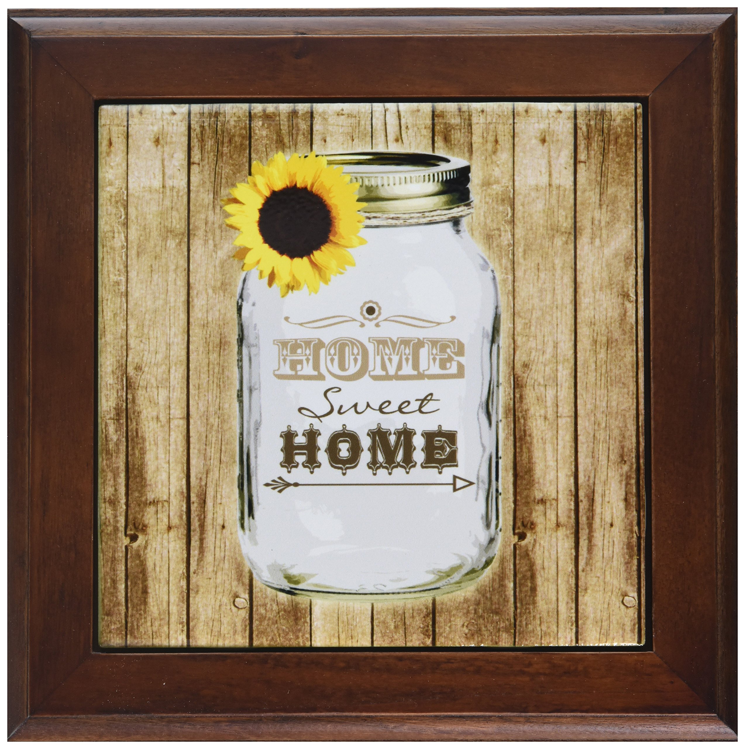 3dRose ft_128555_1 Country Rustic Mason Jar with Sunflower Home Sweet Home Framed Tile, 8 by 8-Inch