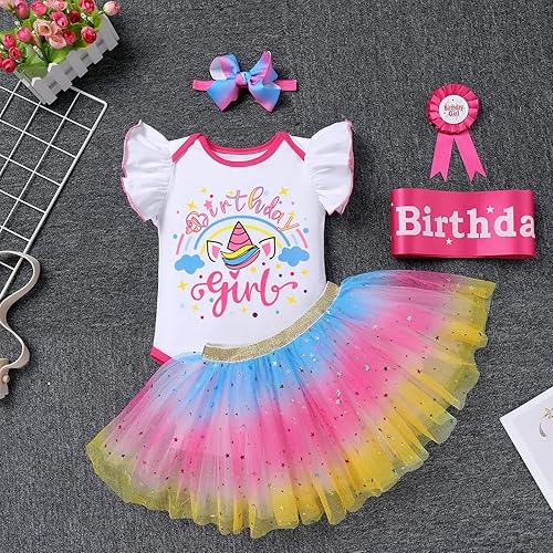 Vista 4 de IBTOM CASTLE Conjunto de falda tutú de unicornio para bebé niña, 1, 2 y 3 cumpleaños, tutú de arcoíris, conjunto de falda con diadema para sesión