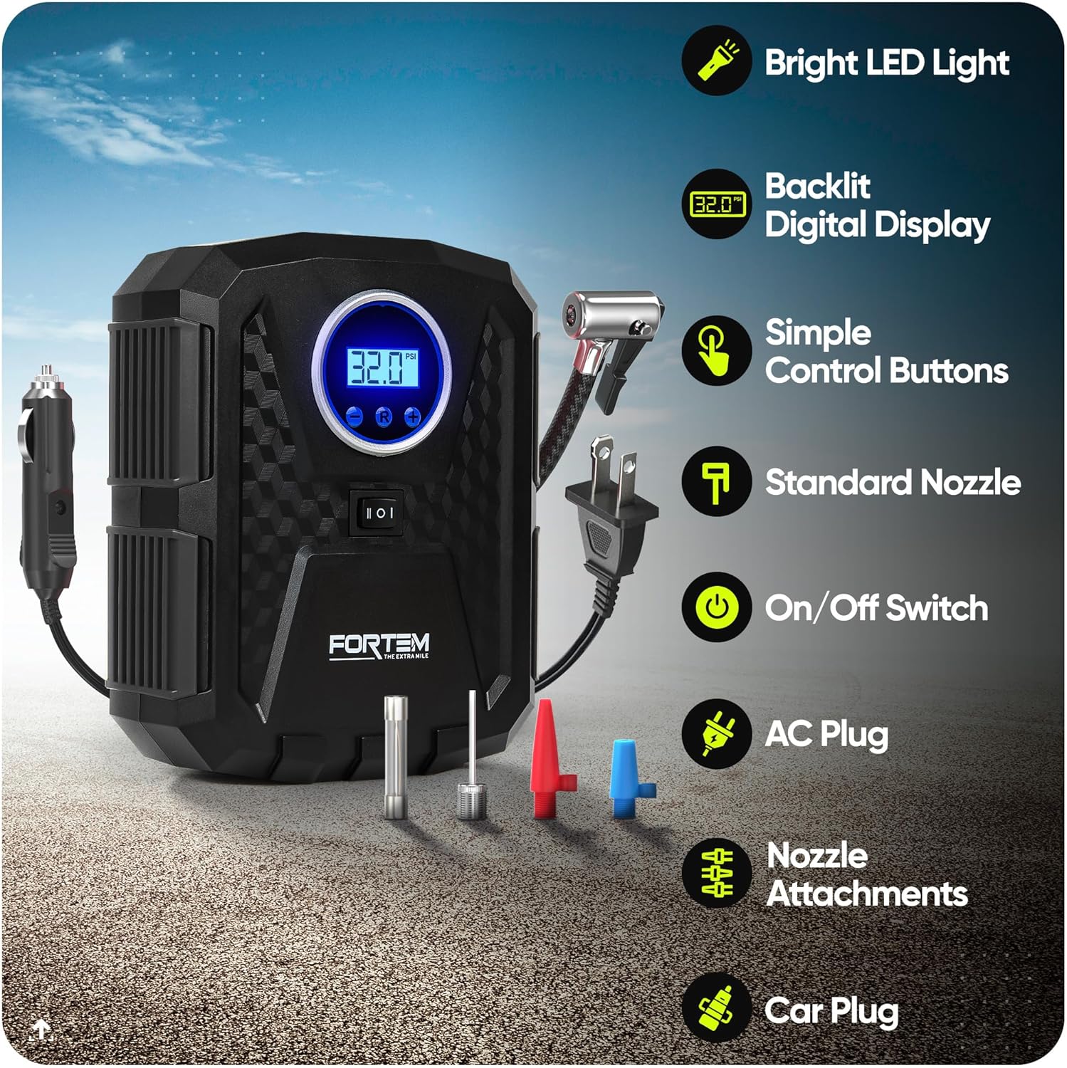 FORTEM Tire Inflator Portable Air Compressor, Air Pump for Car Tires and Bikes, Car Tire Pump w/Auto Shut Off, 150 PSI, 110V AC 12V DC, LED Light, Carrying Case, for Men, Women