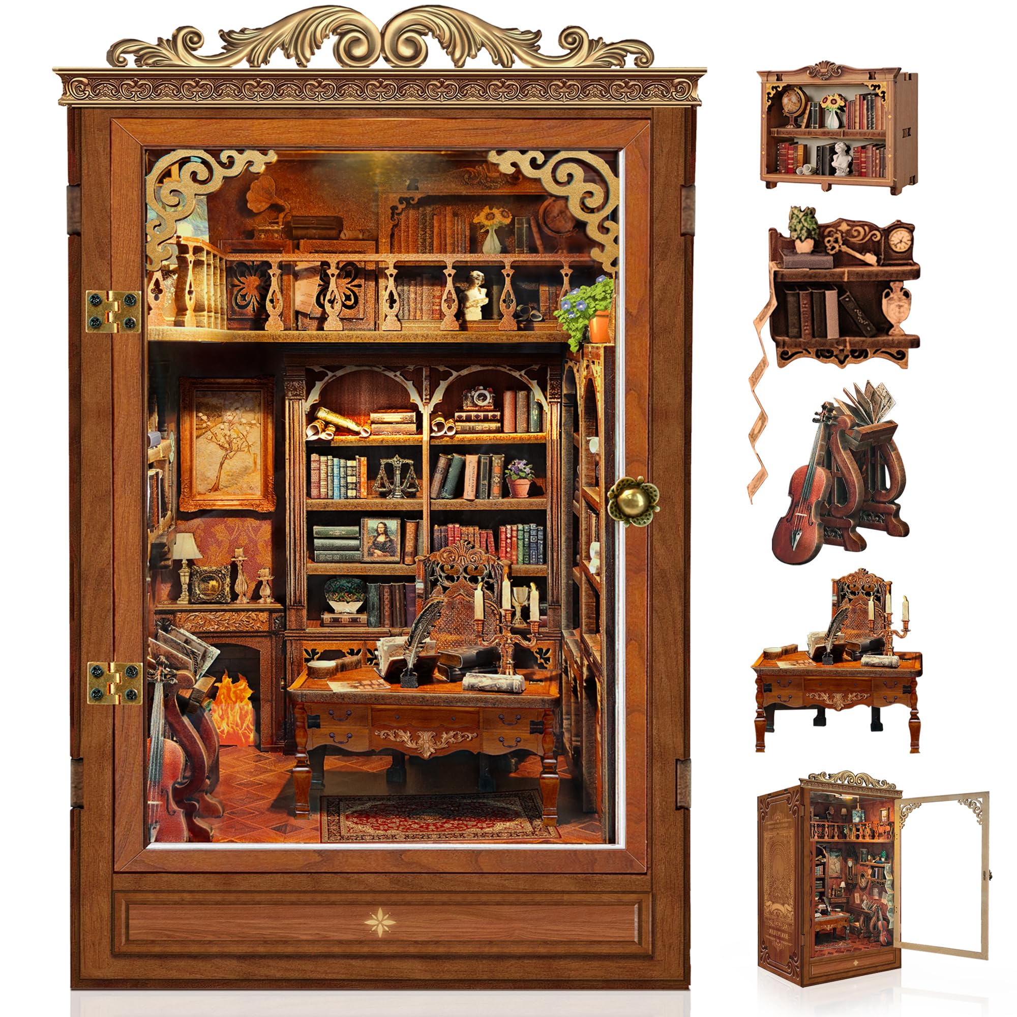Book Nook Kit per Adulti - puzle 3D in Legno Biblioteca Magica Inserto per librena Decorativo con protezione Antipolvere e luce lED - Kit Casa Miniatura fai da Te per Adulti - Regalo Creativo per Am - 1