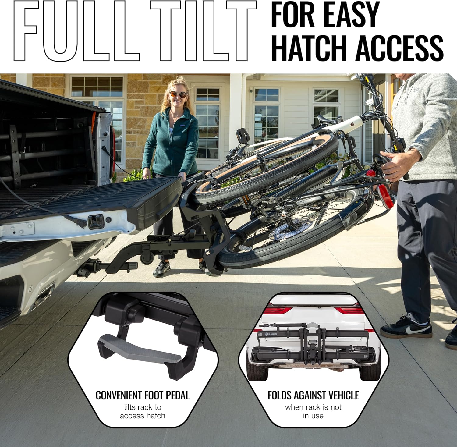 Saris Cycle-On Ebike Rack with Ramp & Wheels, Folds Flat - Hitch Mounted Bike Rack for 2 E Bikes 70 lb Each, Platform Electric Bike Carrier for Cars Trucks SUVs RVs, 1.25" & 2" Hitch Receiver