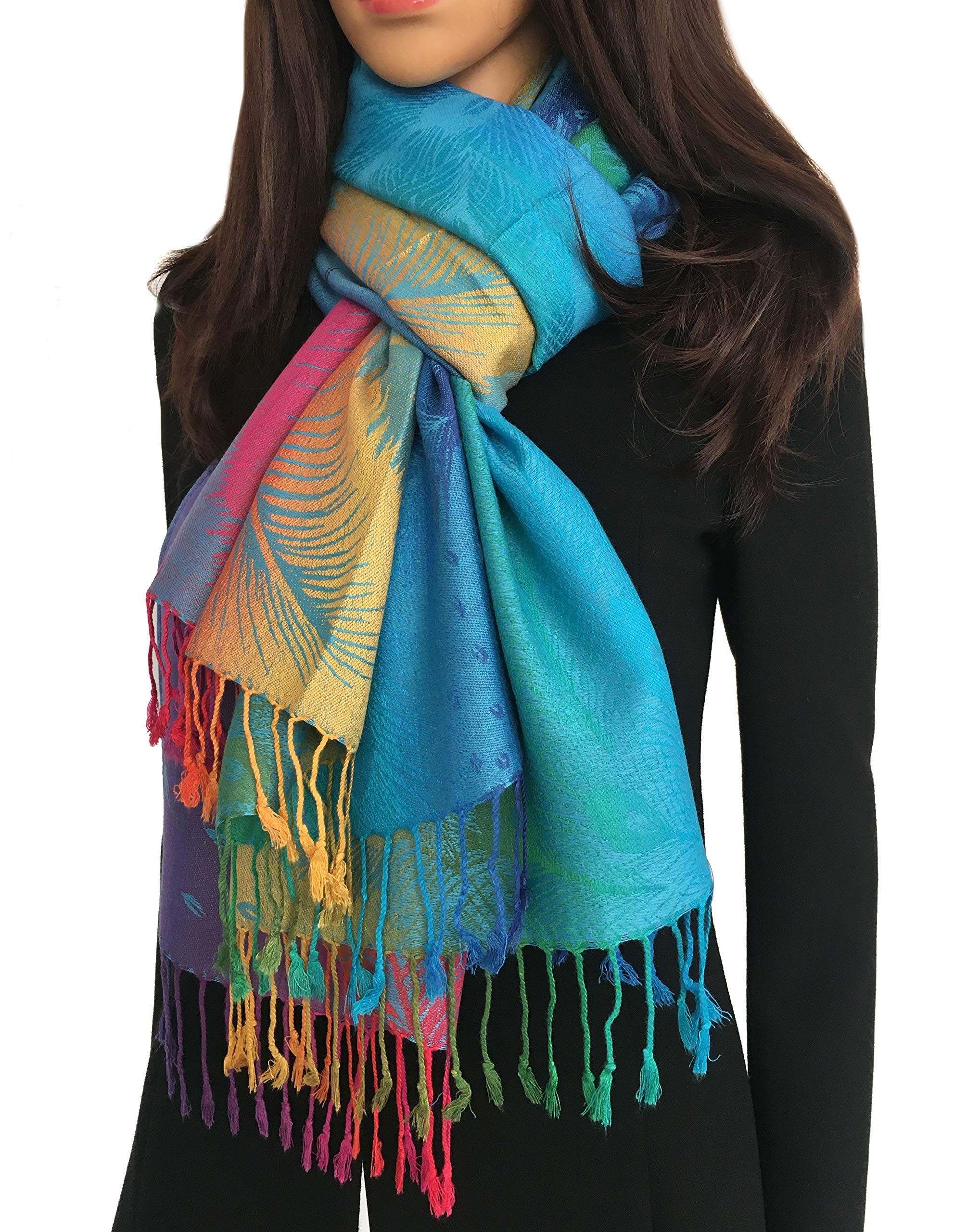 InStyle Bags Women's Large Multicolour Pashmina Shawl, Rainbow Coloured Pashmina Scarf, Multi Colour Paisley Pashmina Scarf (blue feather)