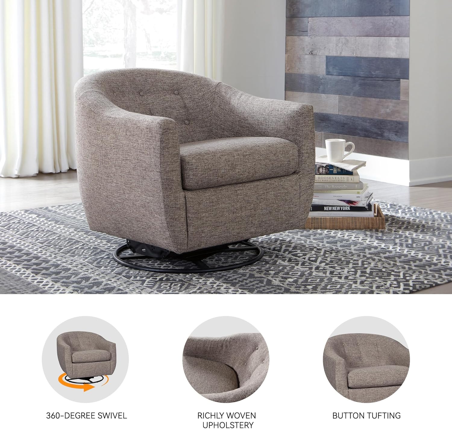Signature Design by Ashley Upshur Contemporary Upholstered Swivel Accent Chair with Tufted Back, Gray