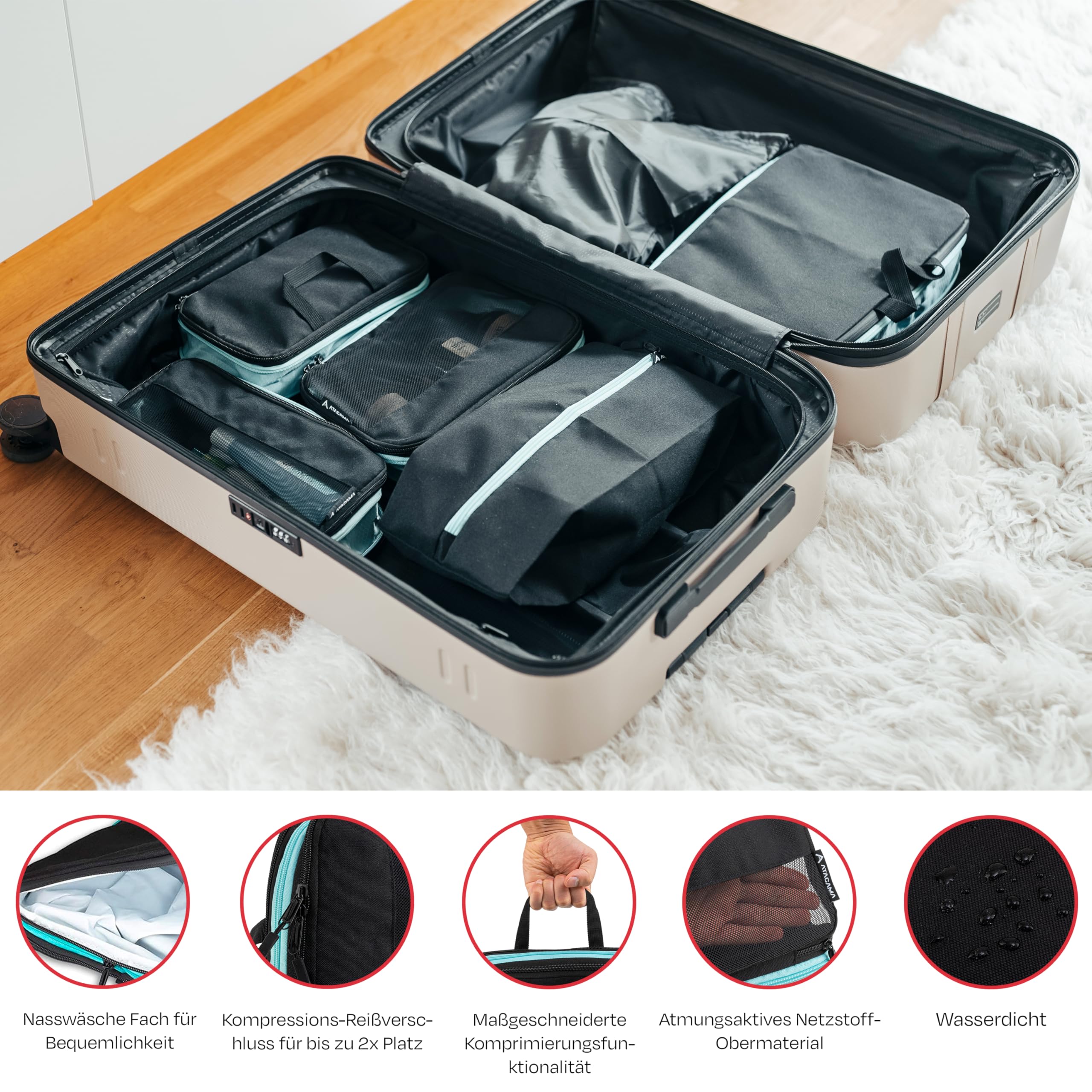 Atacama Juego de 6 cubos de compresión premium: cremallera y bolsillos duales, bolsas de compresión para mochila y maleta, color negro