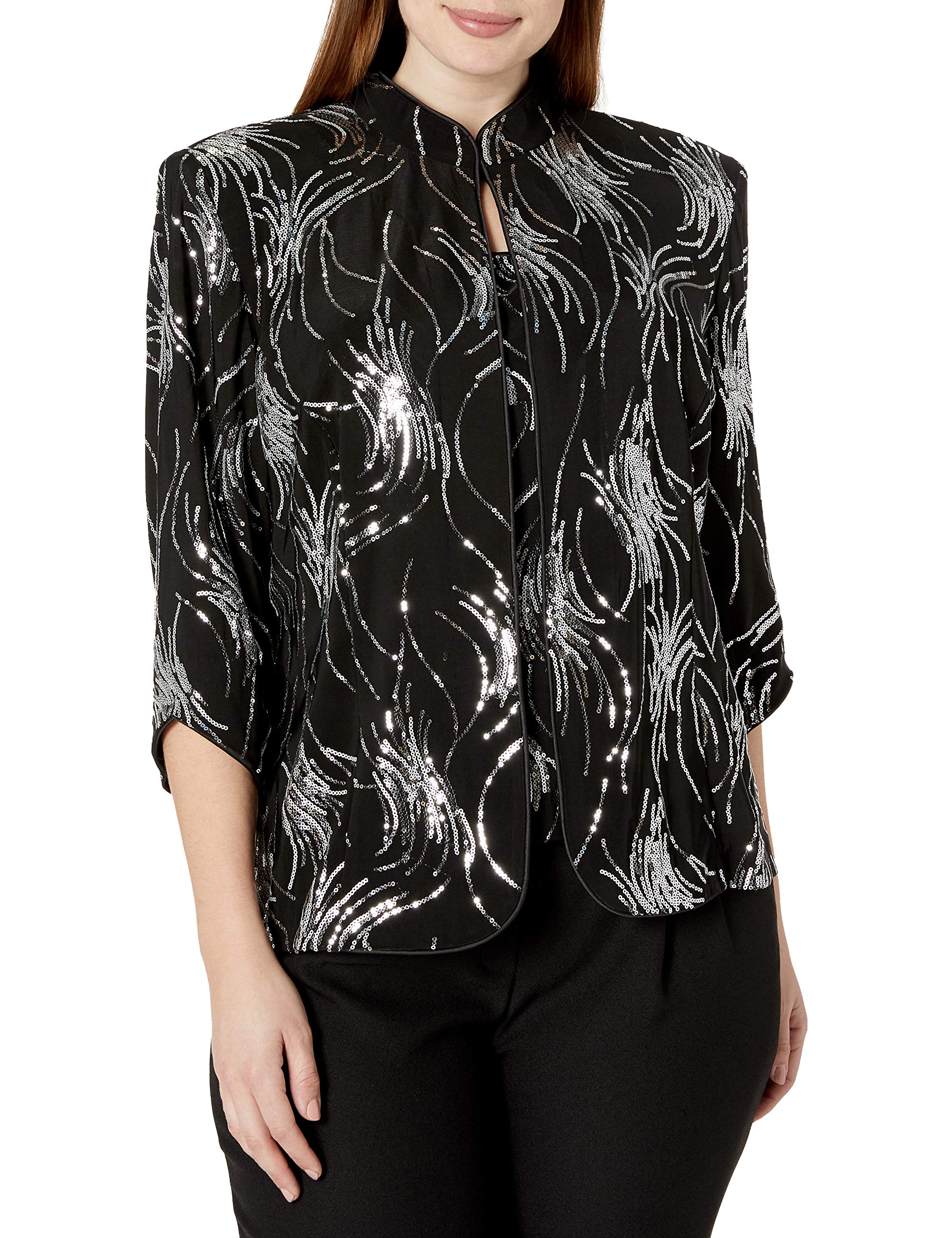 Women's Plus Size Jacket and Scoop Tank Top Twinset, Black/Silver, 3X