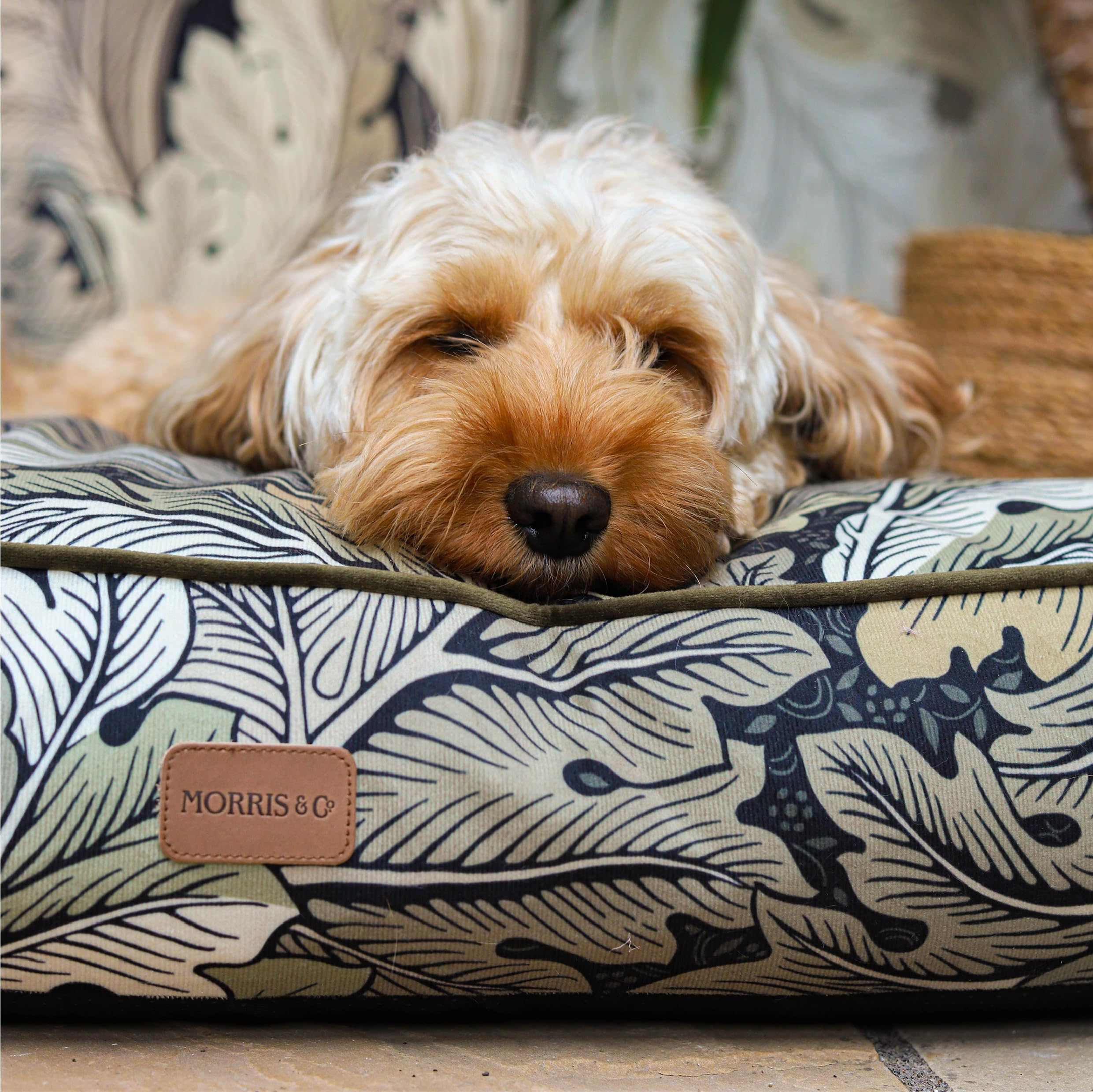 Rosewood x Morris & Co. Colchón Acanthus para Perros, Cama Grande para Perros, Caqui, Acolchado Grueso, Base Antideslizante, Lavable, Lujoso Estampado de William Morris