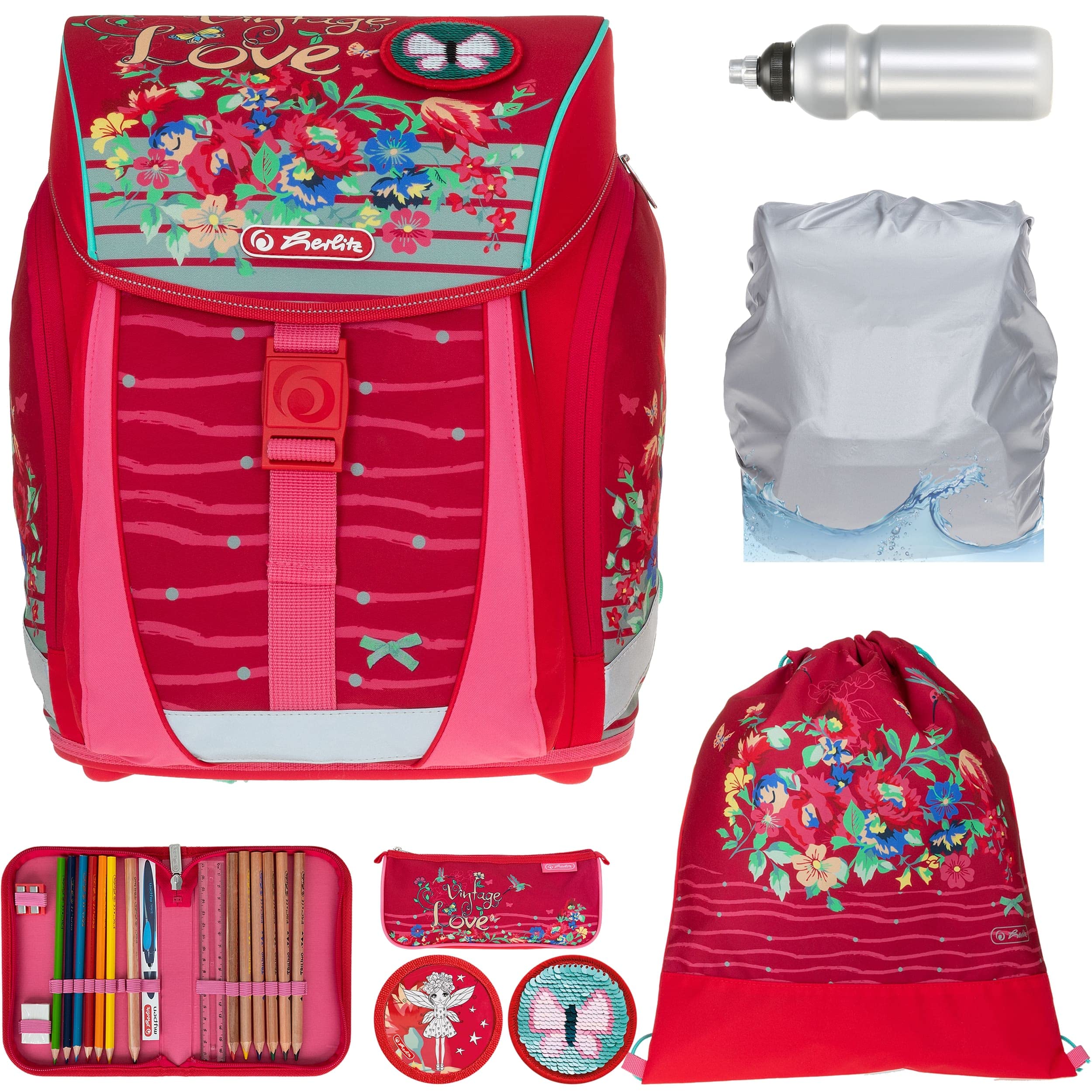 Herlitz Ranzen Schultasche für Jungen Mädchen FiloLigh Plus 8 Teile Set Grundschule Schulranzen Tornister leicht Bauchgurt Brustgurt Regenhülle Wahl +rf (Vintage Love 865)