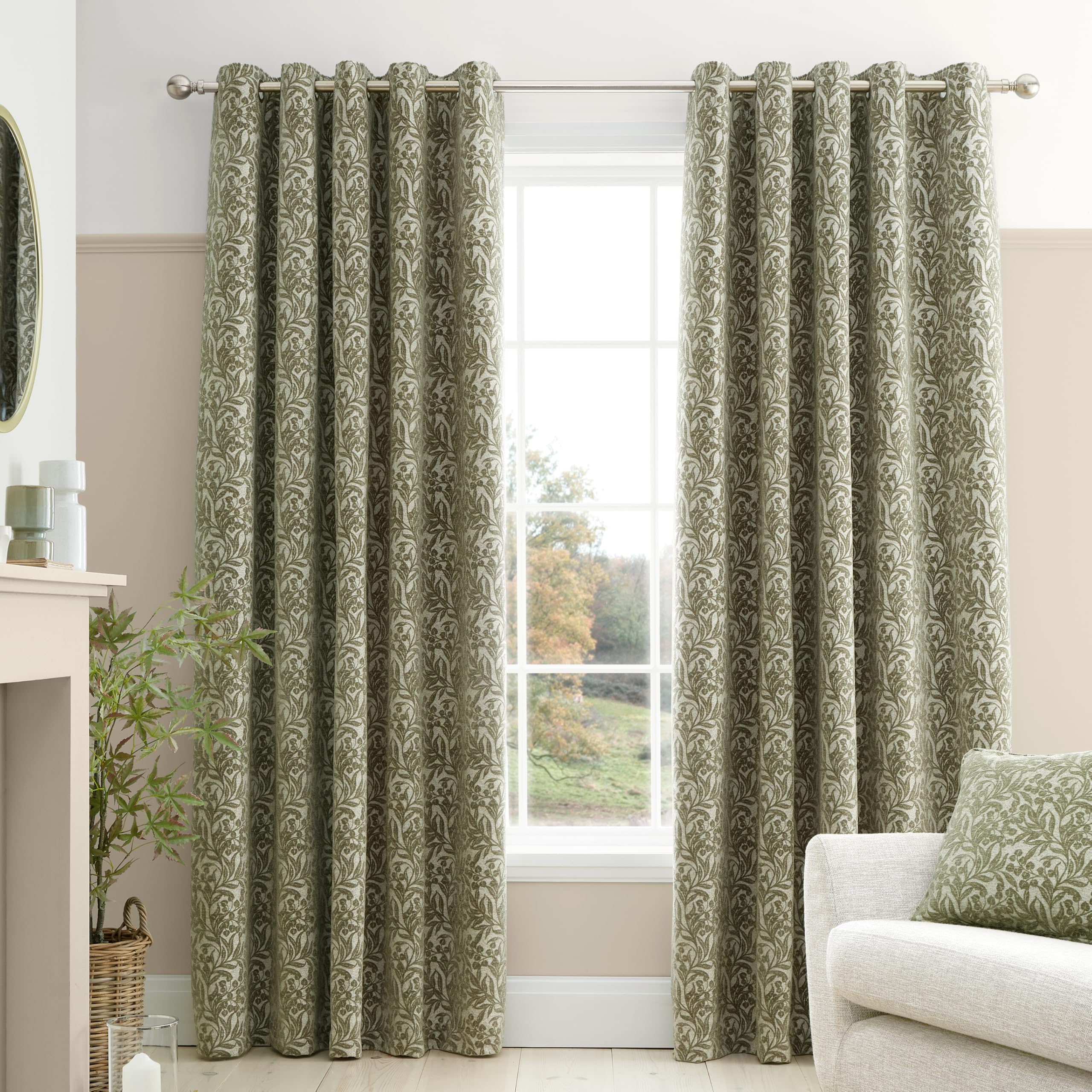 Chenille Leaves Lined Eyelet Curtains