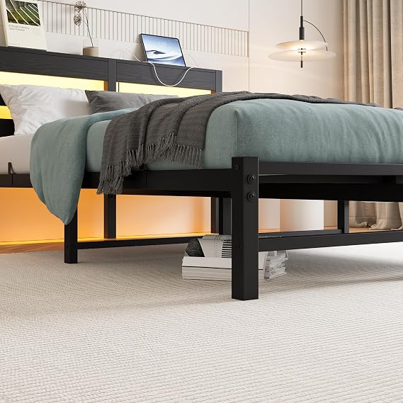 4ft6 Double Bed Frame with Charging Station and LED Lights, Heavy Duty Metal Platform Double 135x190 cm Bed Frame with Wood Storage Headboard, No Box Spring Needed, Noise Free, Black