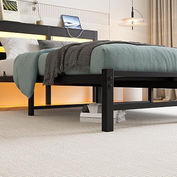 4ft6 Double Bed Frame with Charging Station and LED Lights, Heavy Duty Metal Platform Double 135x190 cm Bed Frame with Wood Storage Headboard, No Box Spring Needed, Noise Free, Black