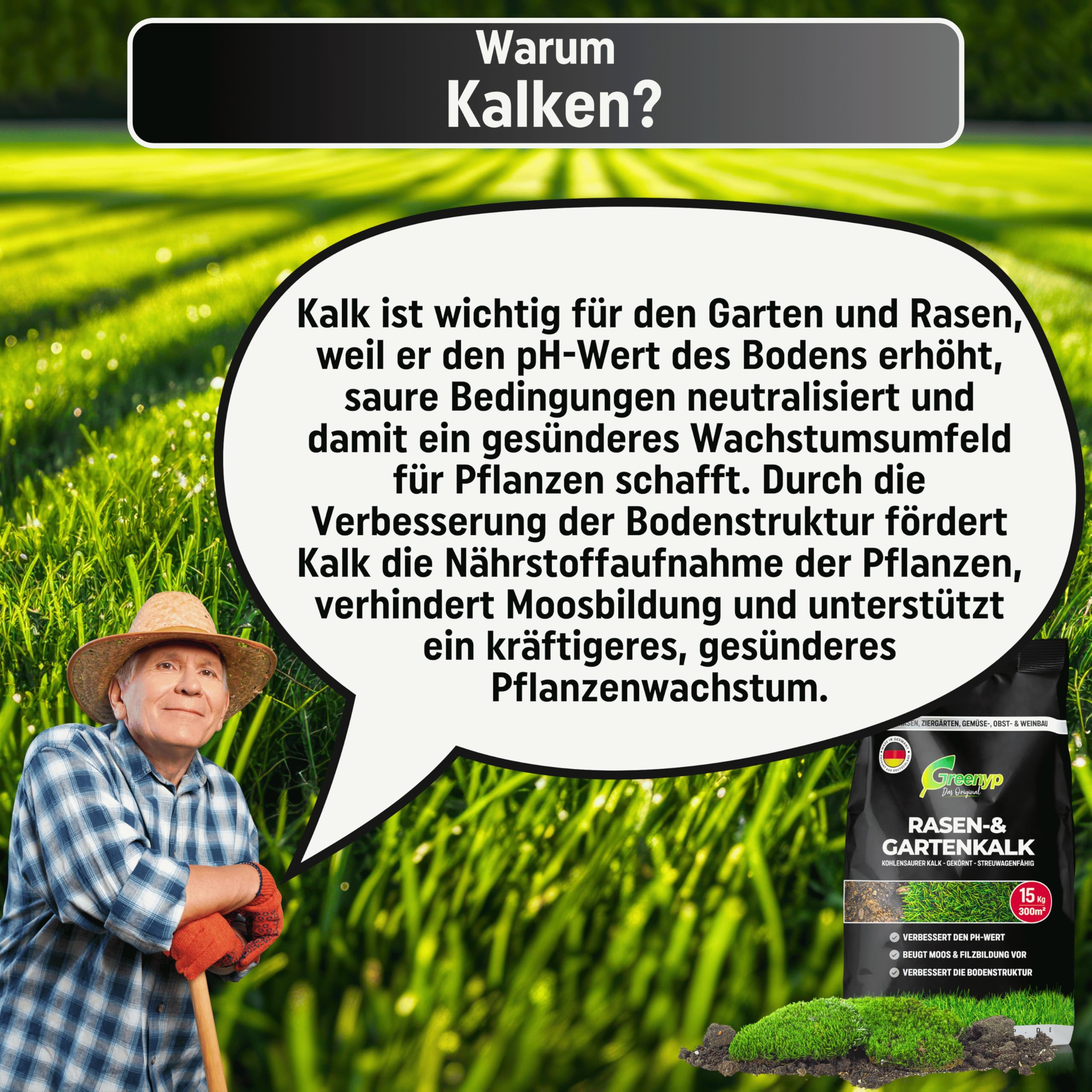 Greenyp Rasenkalk & Gartenkalk I 30kg / 600m² I fein gekörnter kohlensaurer Kalk gegen Moos und Pilze im Rasen I staubarm & ideal für den Streuwagen I verstärkt die Düngung I Rasendünger Frühjahr