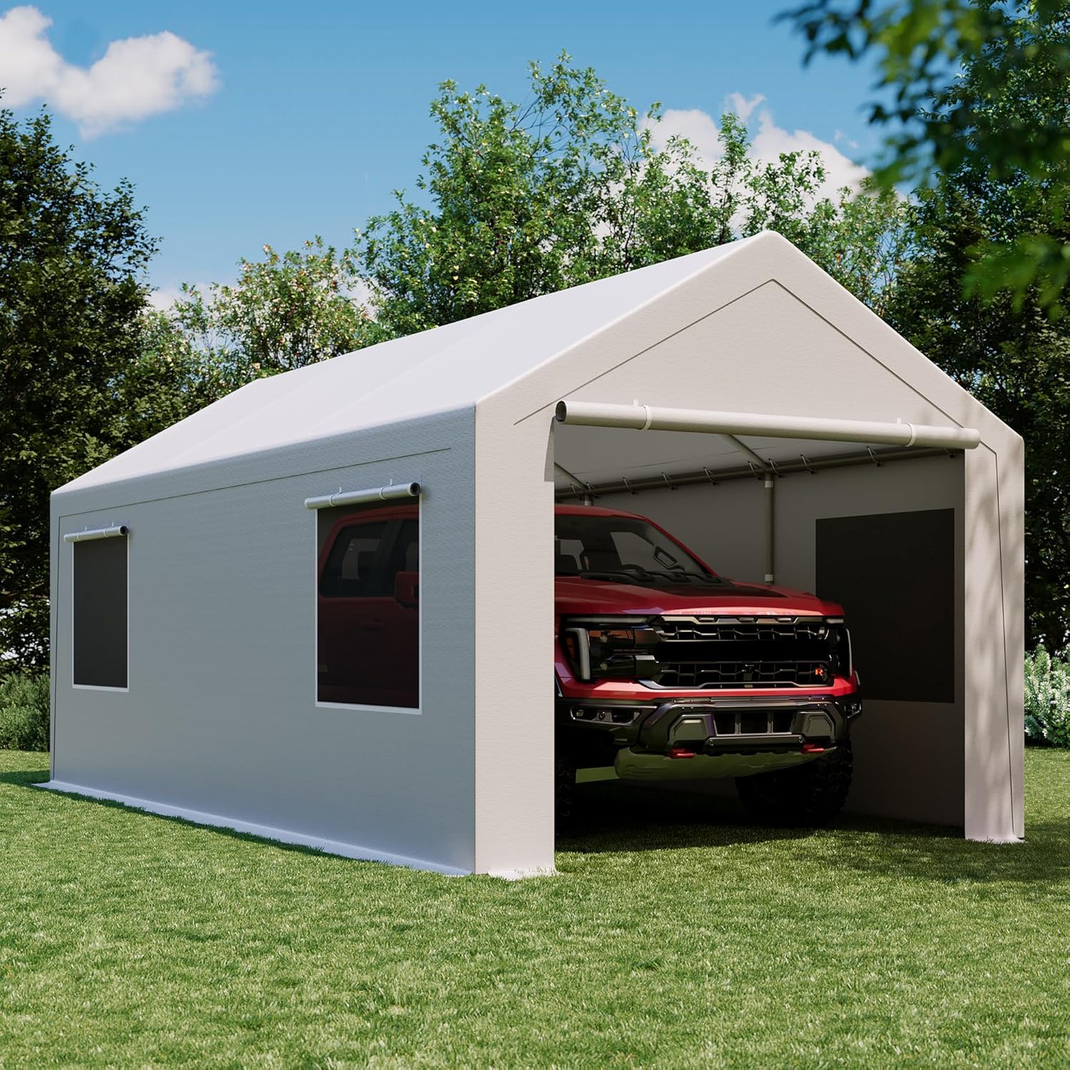 LAUSAINT HOME 12x20FT Carport, Heavy Duty Car Canopy with Roll-up Windows, Garage Storage Tent Shelter with Removable Sidewalls & Doors, for Boat, Car, Truck, Gray