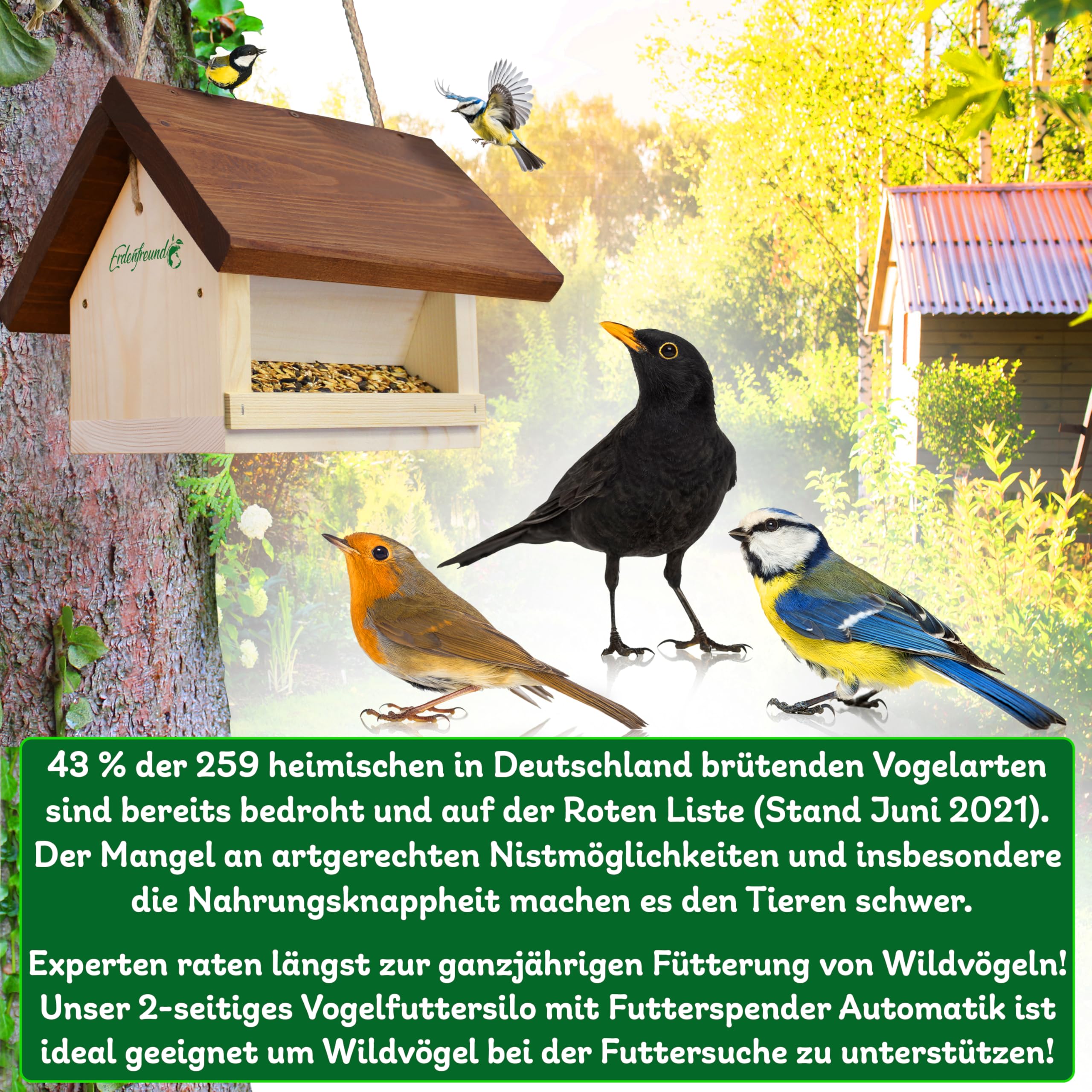 ERDENFREUND® Vogelfutterhaus mit Silofunktion für Wochenrationen Vogelfutterspender 2-seitiger Zugang für Gartenvögel Futterhaus für Vögel wetterfest