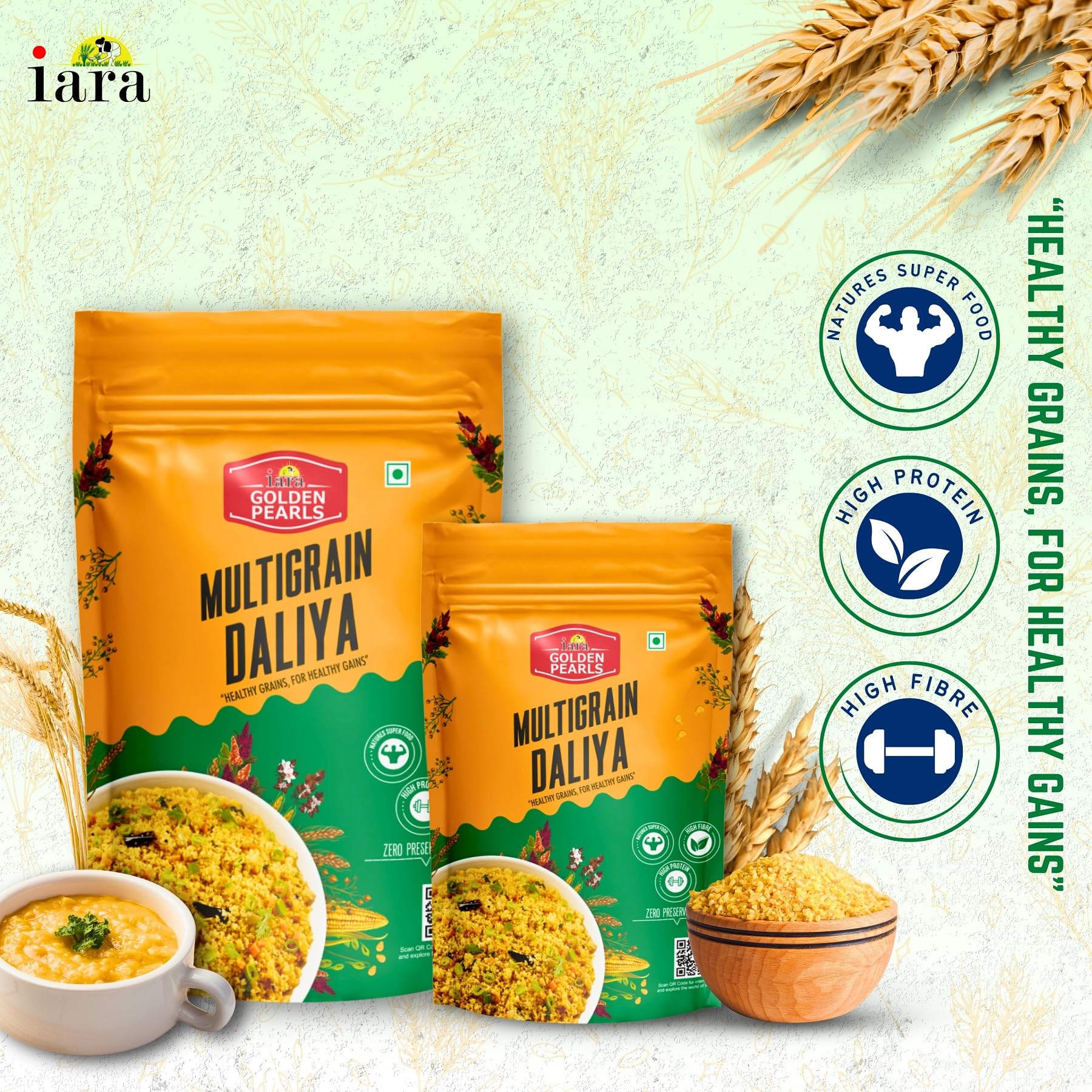 Iara Golden Pearls Multigrain Daliya | Blend of Whole Wheat, Ragi, Hara Chana & Bajara | High in Fiber, Protein & Essential Nutrients | Supports Digestion & Weight Management | Easy to Cook
