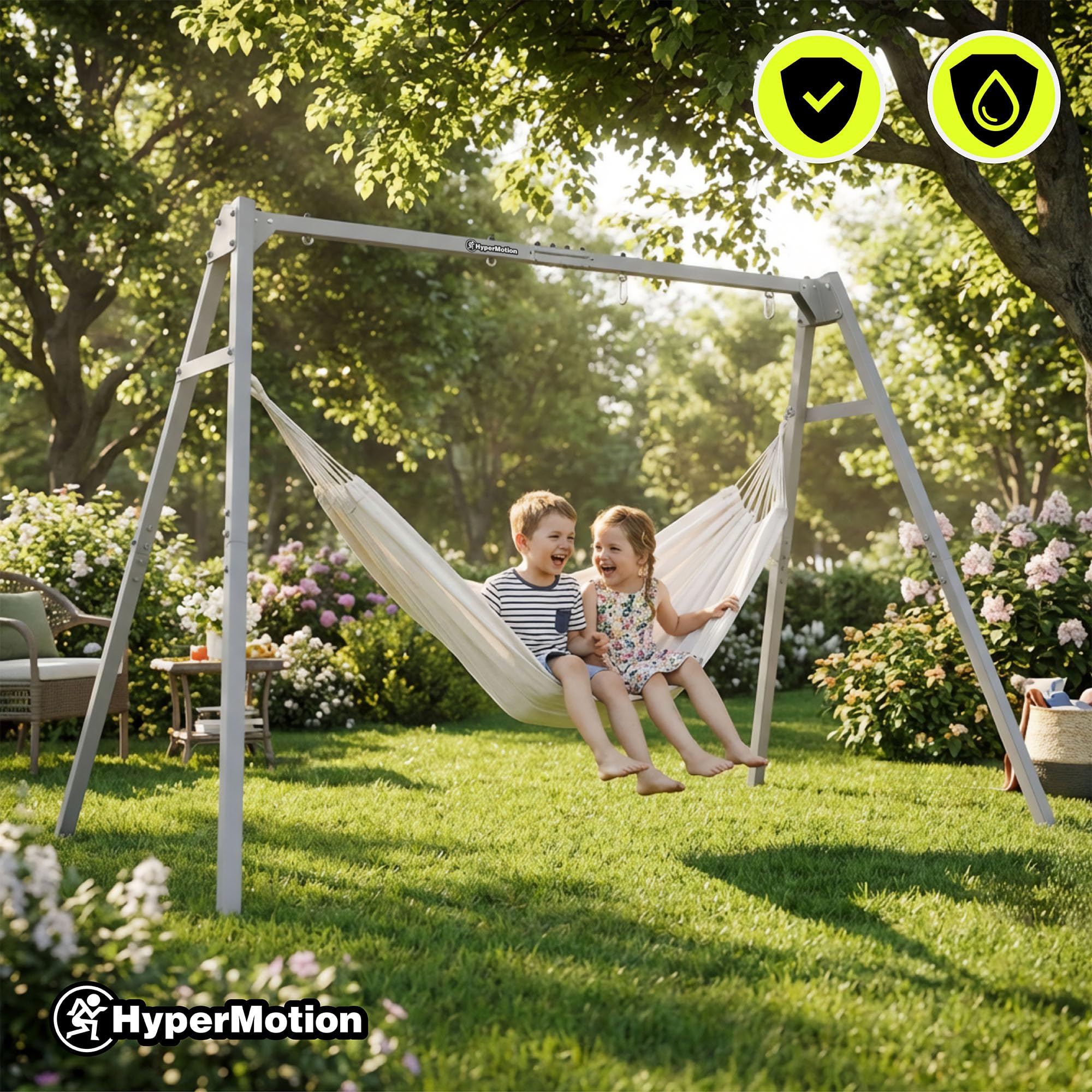 HyperMotion 4-in-1 Gartenschaukel Set aus Legiertem Stahl und Polyester, Pulverbeschichtet in Grau, mit Hängematte, Schaukelsitz und Vogelnest, 310 × 180 × 192 cm