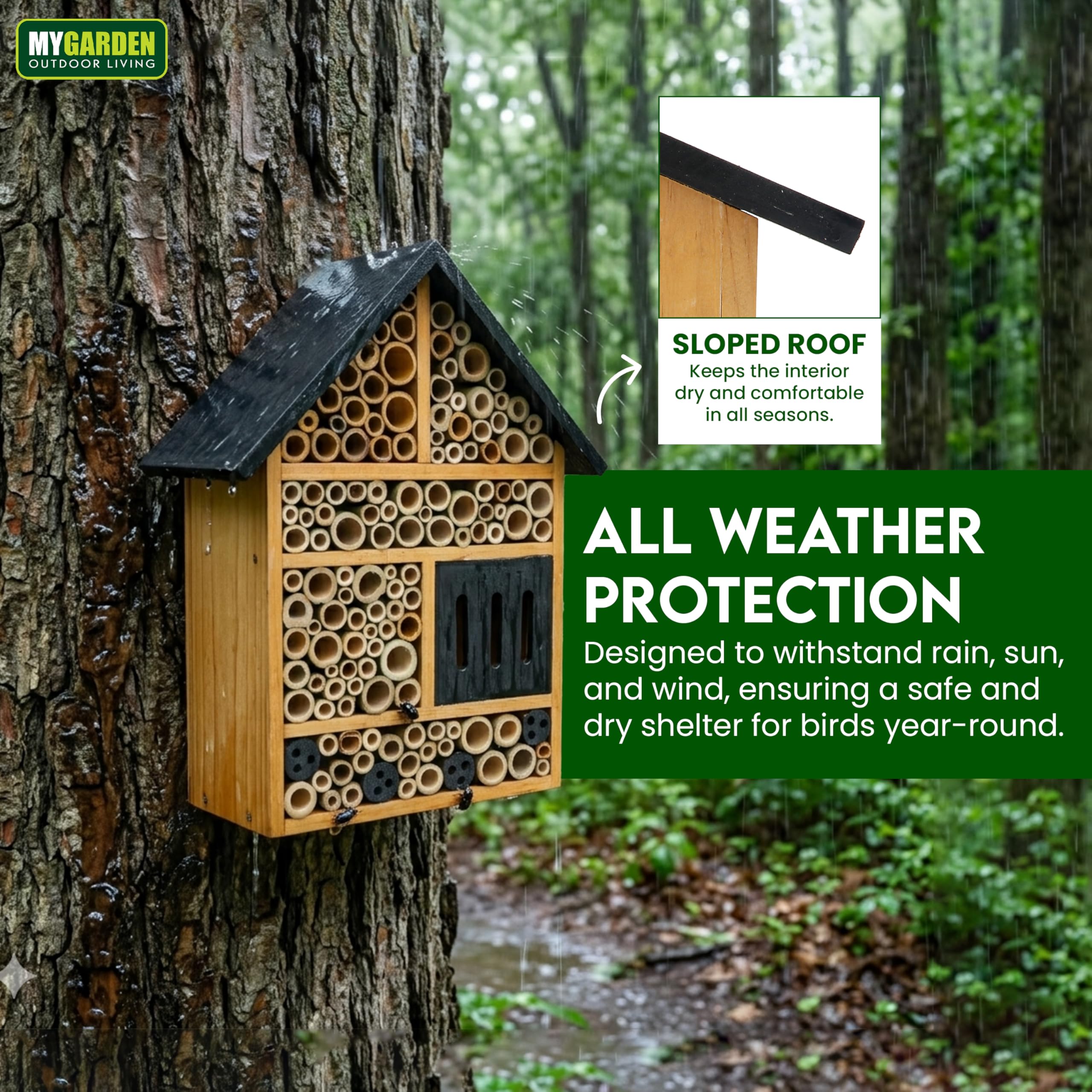 My Garden Insect House for Garden Bees & Butterflies - Outdoor Bug Hotel Shelter, Solid Pine Wood Bee House with Multi Chambers - Weather Resistant Wildlife Habitat, Easy Mount — view 4