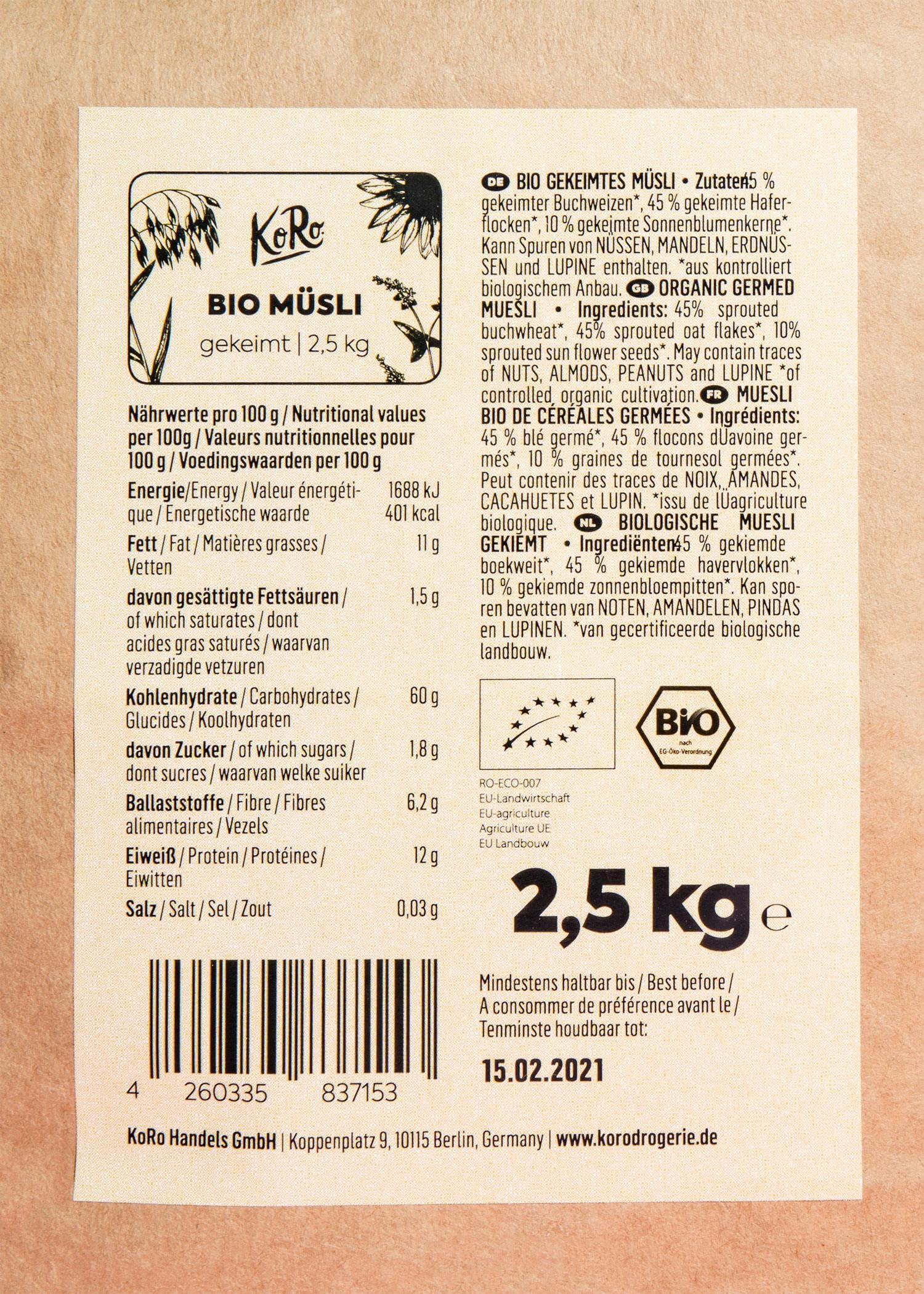 KoRo - Muesli bio de céréales germées 2,5 kg - Sans additifs issus à 100% de l'agriculture biologique