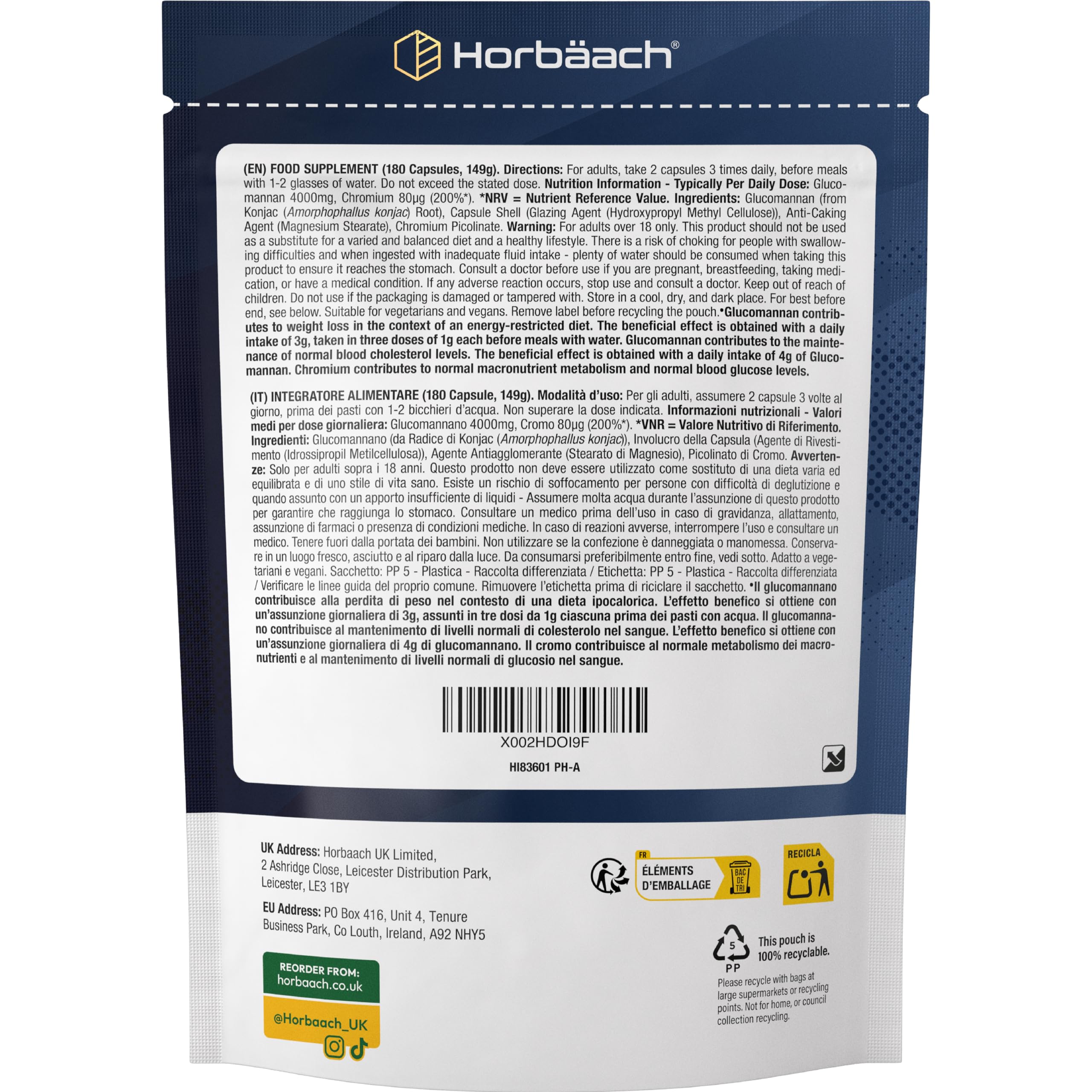 Glucomannane 4,000mg | Issues de la Racine de Konjac | 180 Pièces Véganes | 100% Pur | Horbaach