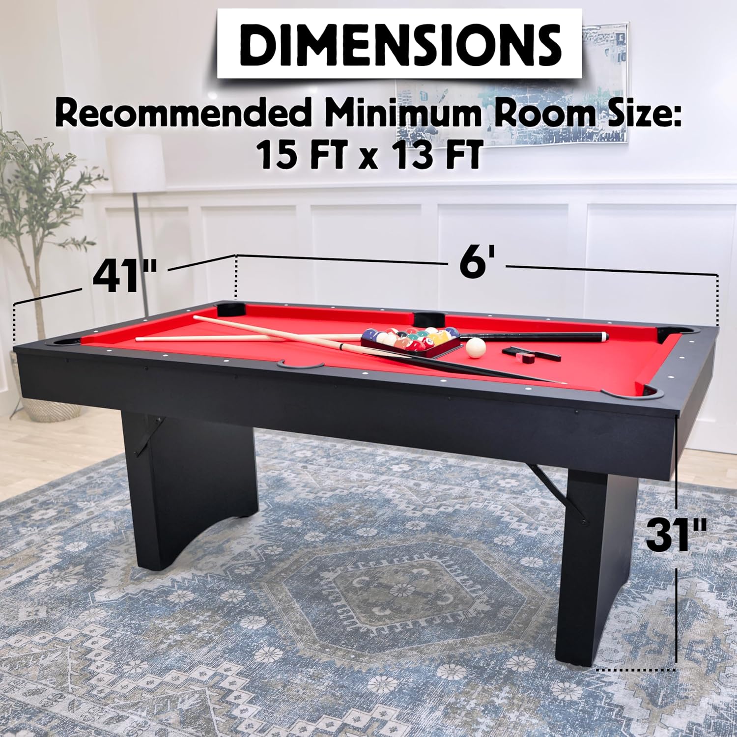 Freetime Fun 6 FT Pool Table, No Assembly, Portable, Includes Billiard Tables Accessories- 2 Pool Cues, Set of Balls, Triangle, Pool Table Brush, Chalk