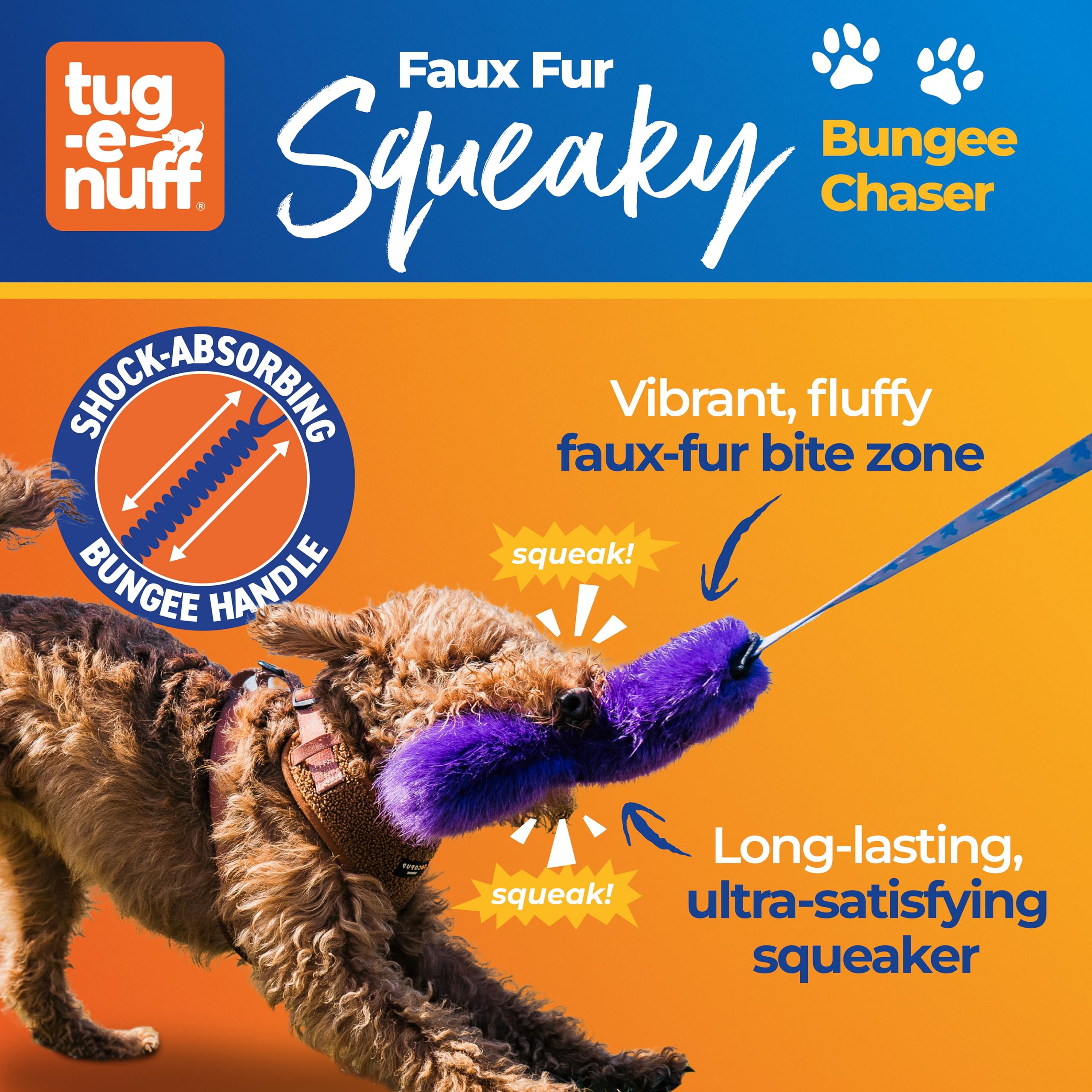 Tug-E-Nuff Jouet couineur en fausse fourrure pour chien Orange et bleu 118 cm | Jouet à tirer robuste pour chiot, petites, moyennes et grandes races, jouets de chasse interactifs pour chiens