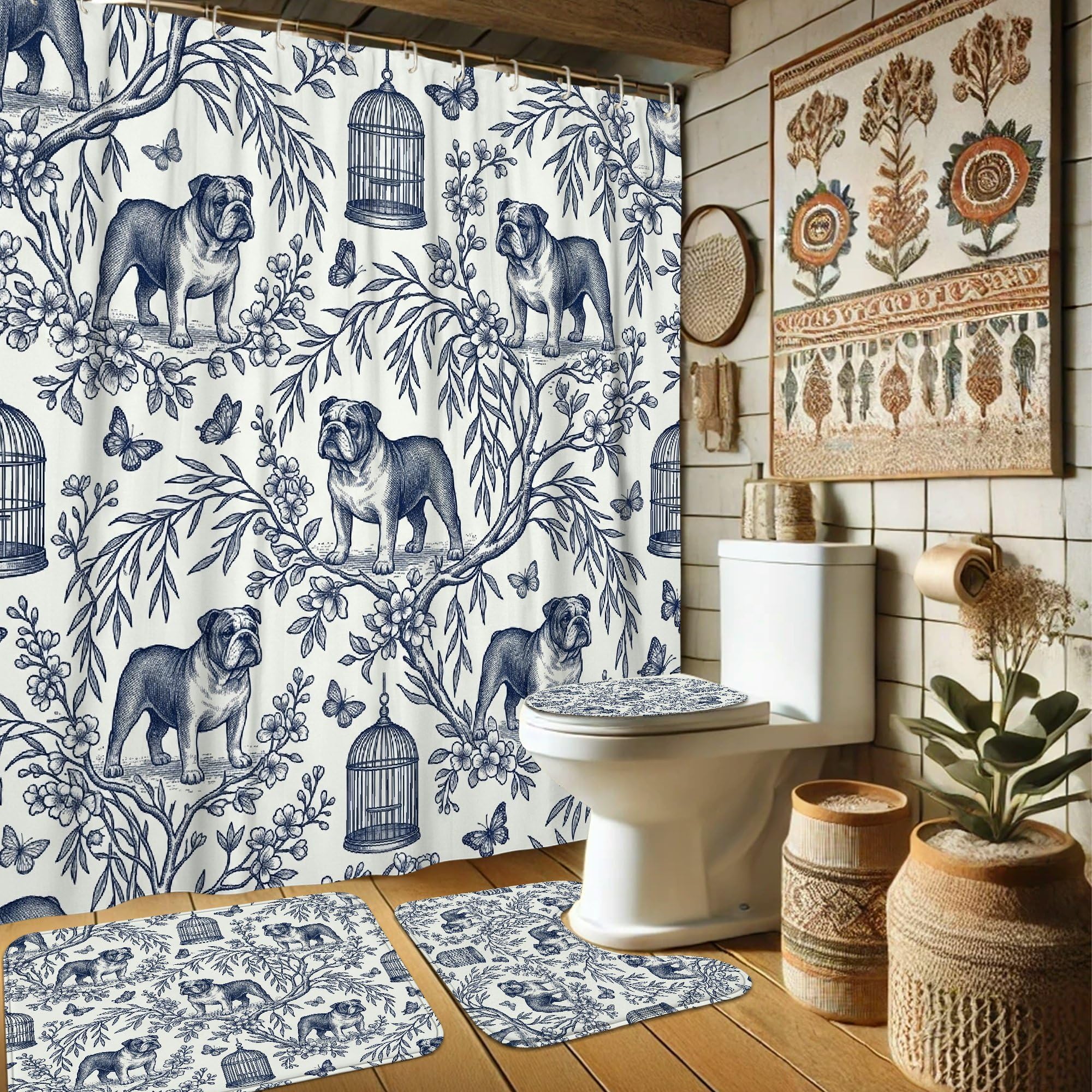 Rideau de douche imperméable anti-moisissure 183x183 cm et tapis de bain vintage