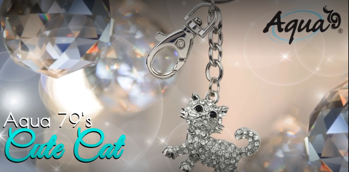 Aqua79 Cute Cat Keychain - Silver 3D Sparkling Charm Rhinestones