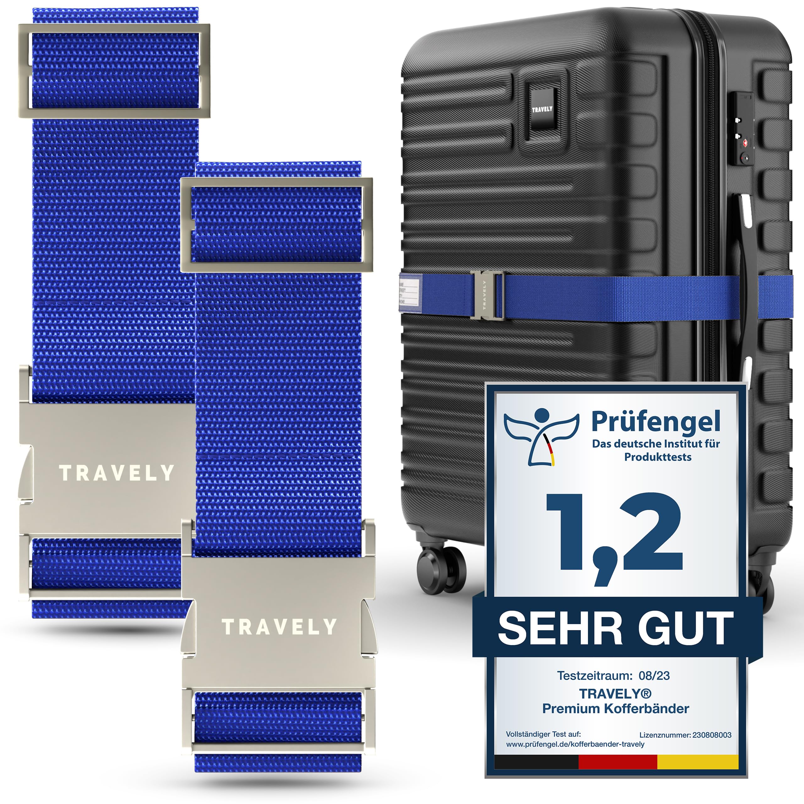 TRAVELY Premium pasek do walizki z metalową klamrą [2-częściowy zestaw] - szczególnie elegancki i rzucający się w oczy - bardzo wytrzymały I w zestawie tabliczka z nazwiskiem - Pasuje do bagażu