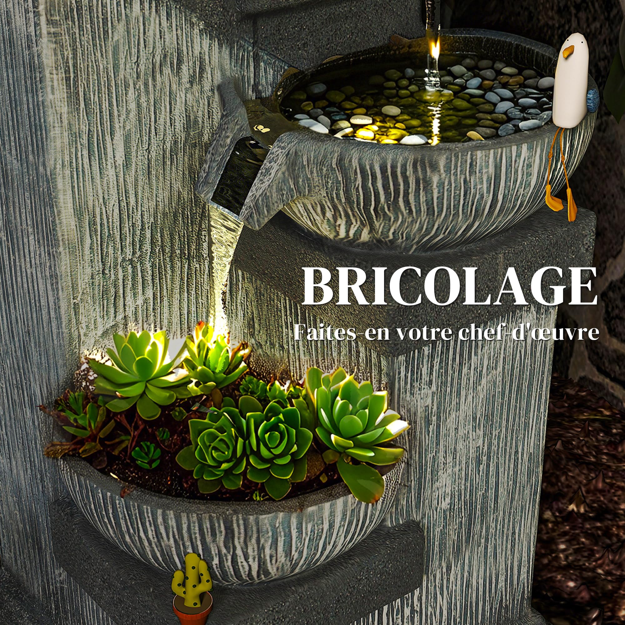 Outsunny Fontaine de Jardin Cascade Fontaine d'eau extérieure 4 Niveaux avec lumières LED, Pompe à Eau, en résine, 38 x 36 x 85 cm, Gris