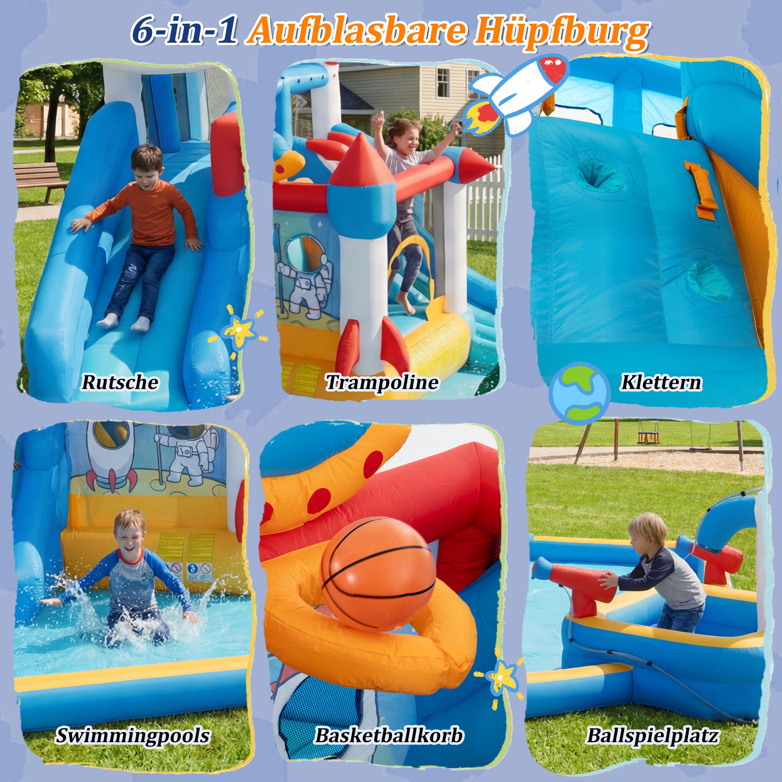 UEV Aufblasbarer 6-in-1 Hüpfburg XXL mit Gebläse 580W, Trocken-/Wasserrutsche, Wasserpark Groß for Indoor & Outdoor,Raketen-Thema, EN71-1/2/3, geeignet für Kinder von 3 bis 10 Jahren, 452x437x213cm
