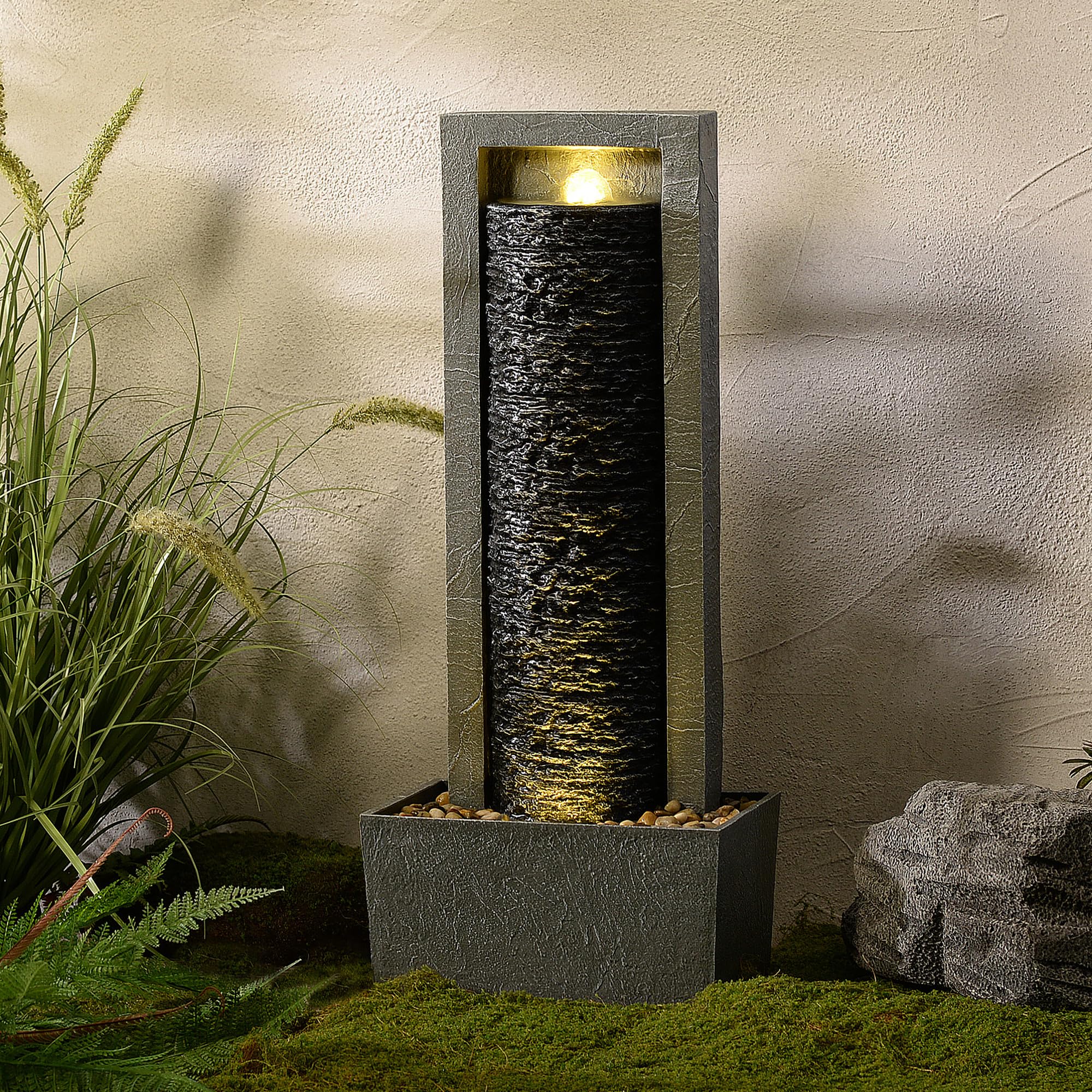 Teamson Home Fontaine de Jardin Haute Cascade exterieure LED Roche superposee Patio Durable Gris Fonce