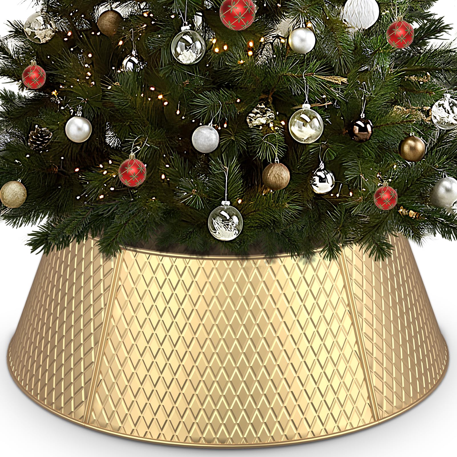 Winpull28 Inch Christmas Tree Collar, Metal Christmas Tree Skirt Base Stand for Real or Artificial Trees, Christmas Tree Ring Base Cover for Christmas Decorations (Gold)