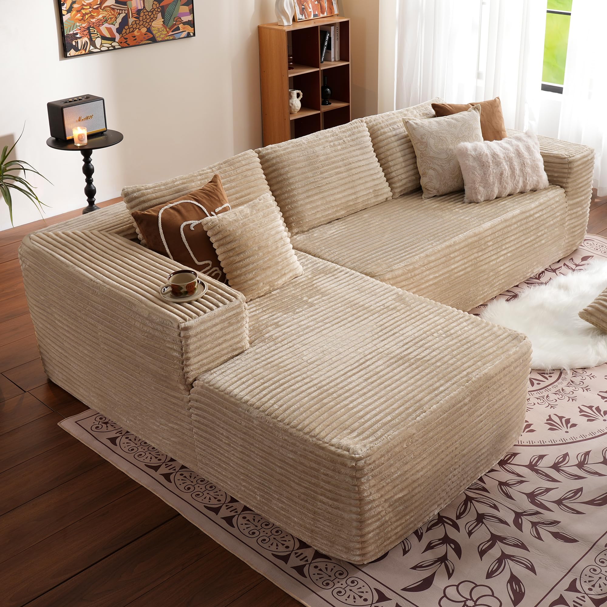 ovios 104" Cloud Boneless Couch with L-Shape Chaise,Modern Sectional Modular Sofa with Deep Seat, Upholstered Couches for Living Room Bedroom,No Assembly Required, Green (Cloud Velvet): 106"(Foam + Spring Hybrid) Left Hand Facing Beige (Plush Corduroy Fabric)
