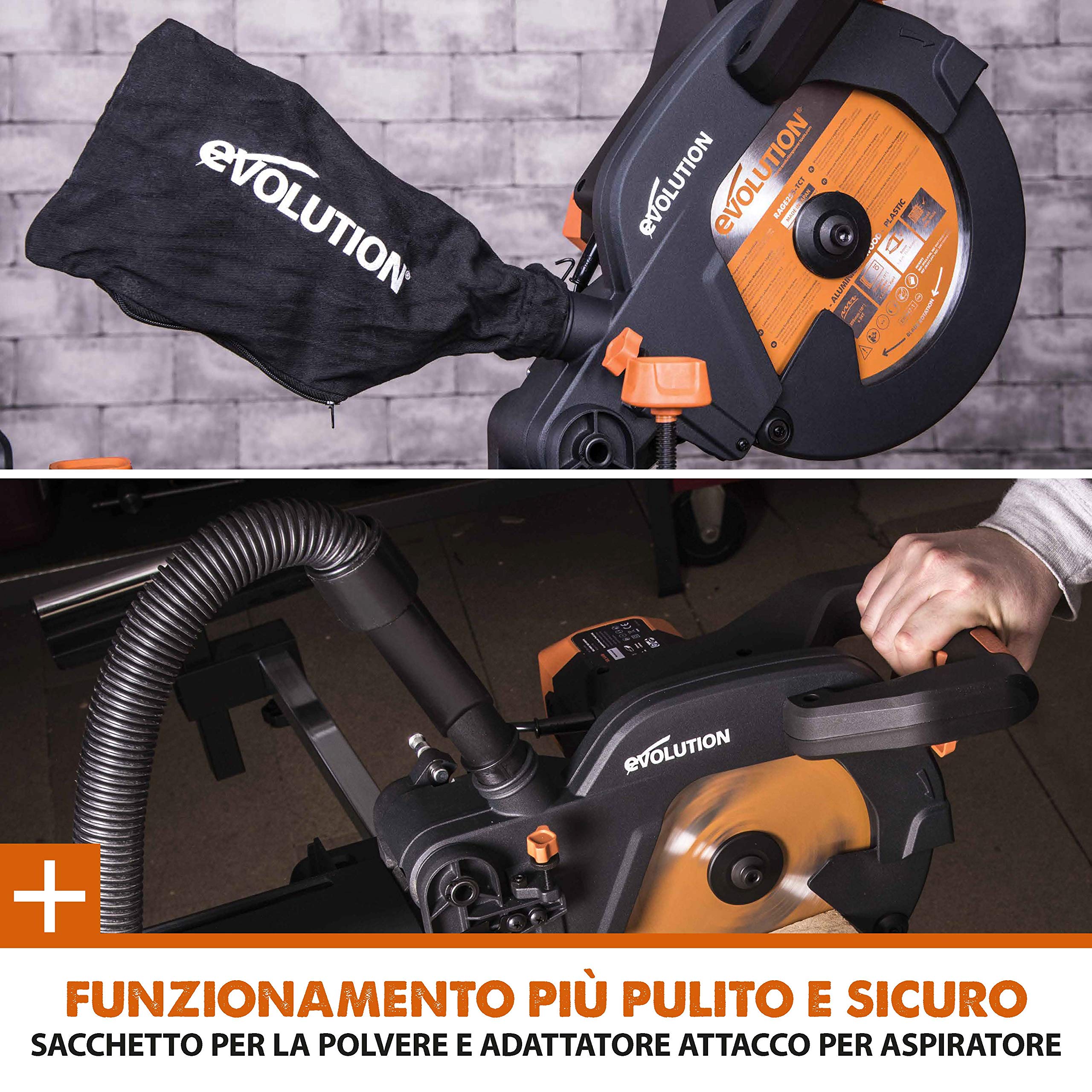 Evolution Power Tools R255SMS+ Troncatrice Radiale Scorrevole Multi-Materiale 255 mm con Pacchetto Plus, 230 V