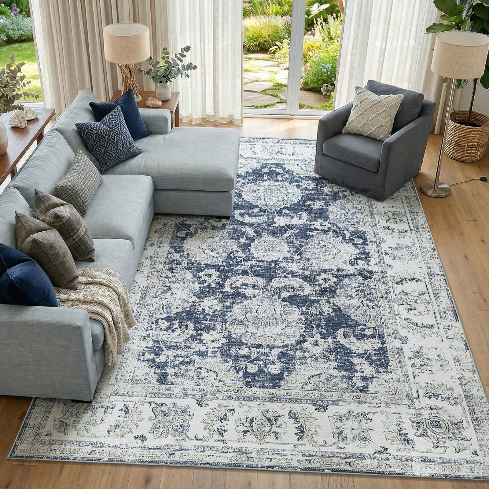 JINCHAN Area Rug 9x12 Rug Boho Living Room Rug Floral Print Washable Large Rug Indoor Soft Distressed Foldable Carpet Thin Rug Bedroom Dining Room Office Farmhouse Dark Blue