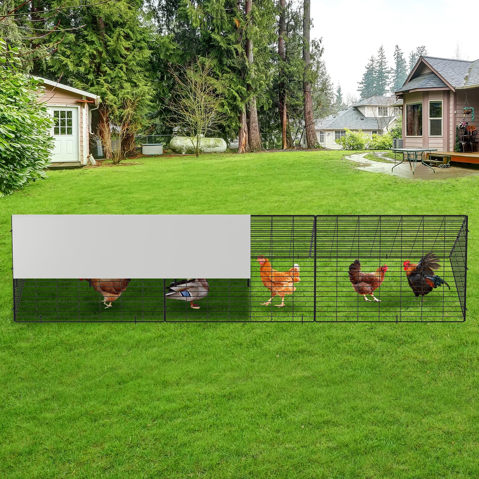 Túnel de metal para pollos con cubierta impermeable y anti-UV, corral de pollo para patio, granja de patio al aire libre, gallinero portátil para gallinas, patos, conejos (118.8 x 28 x 24.2 pulgadas)