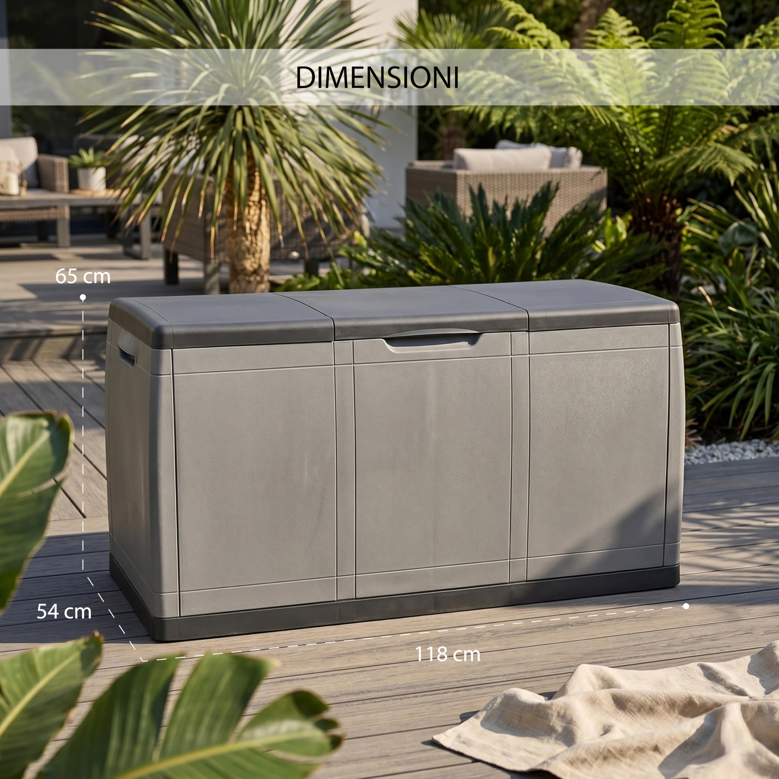 MA MAISON Baule Cassapanca Multiuso 414LT in PP 118x54x65h CM - Resistente ai Raggi UV, Apertura superiore, Contenitore, Organizzatore, Stoccaggio, Esterno, Interno, Made in Italy