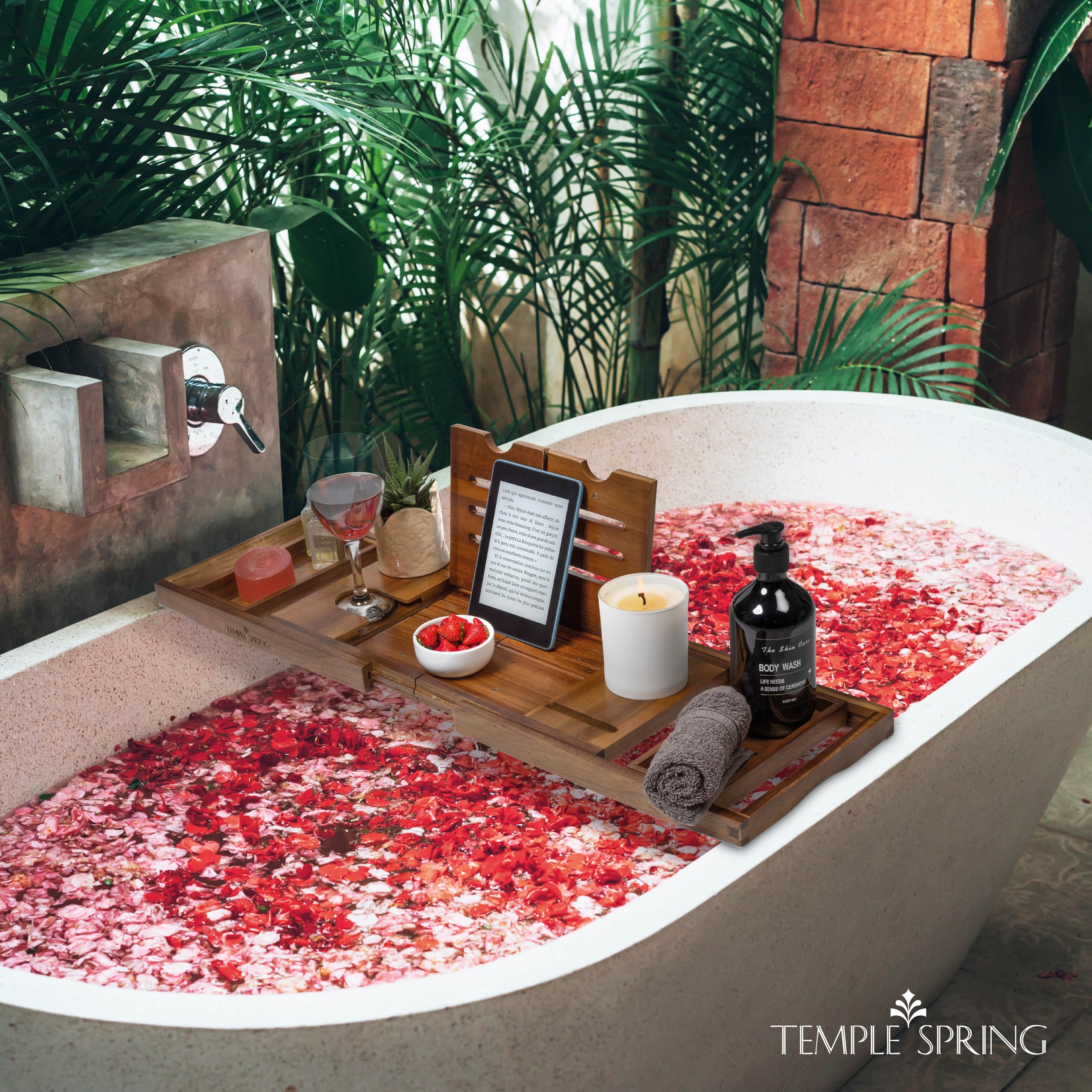 Temple Spring Acacia Foldable Bath Tray, Unique Design Wooden Bath Shelf Bathroom Accessory - Image 2
