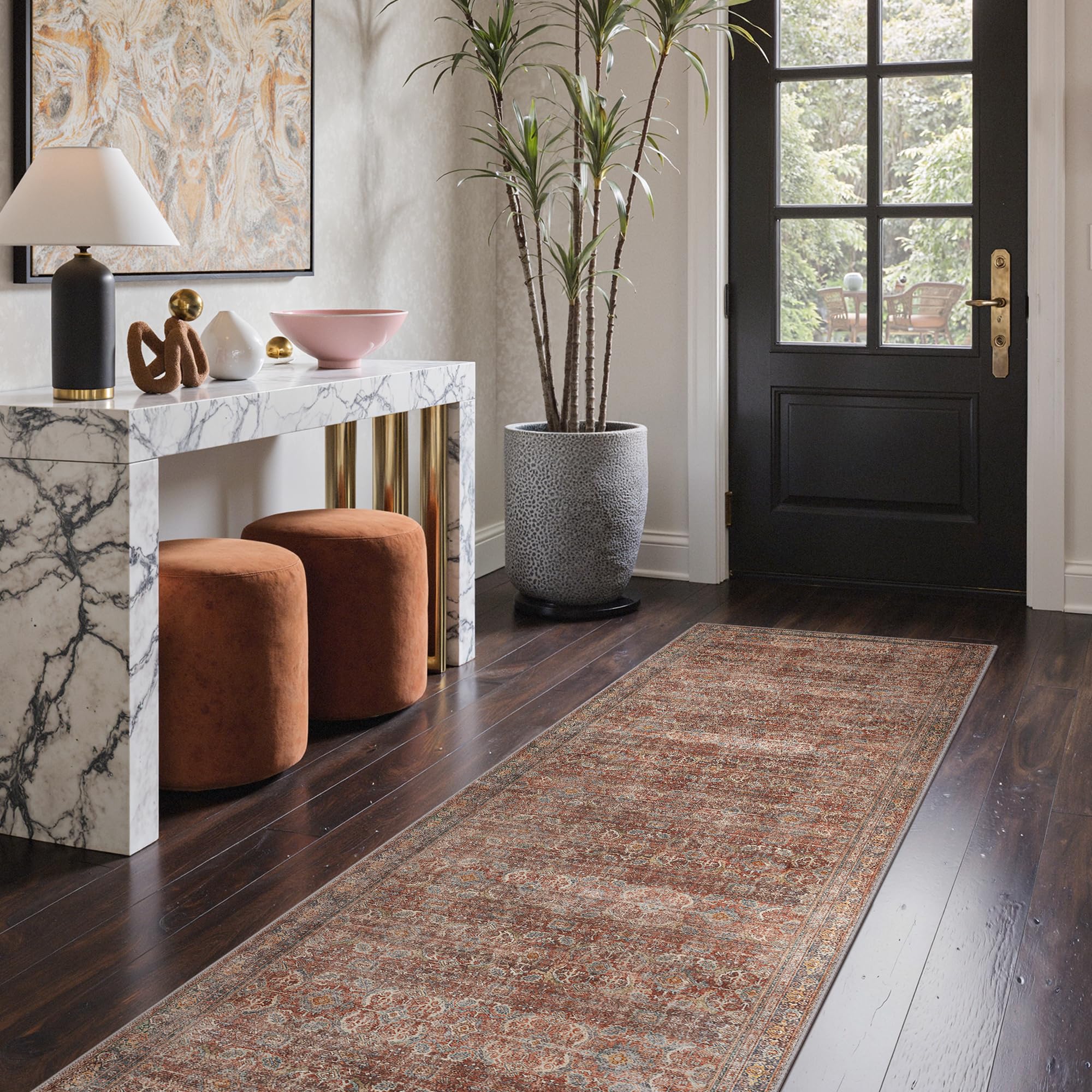 GENIMO Runner Rugs 80x150cm, Machine Washable Hallway Runners, Boho Area Rugs, Non-Slip Carpet, Low Pile, Traditional Oriental Printed Design, Office, Bedroom, Indoor, Terracotta & Warm Neutrals