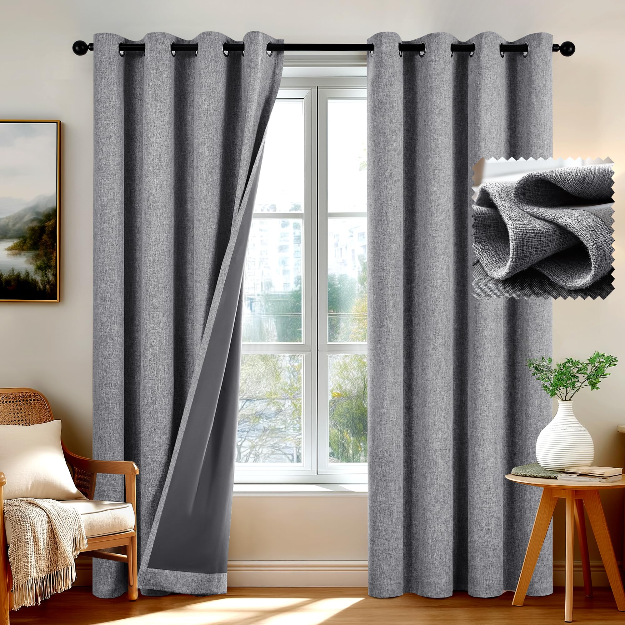 Deconovo Soft 100% Blackout Curtains Faux Linen Thermal Eyelet Curtains for Living Room with TPU Coating, Light Grey, W66 x L54 Inch 2 Panels