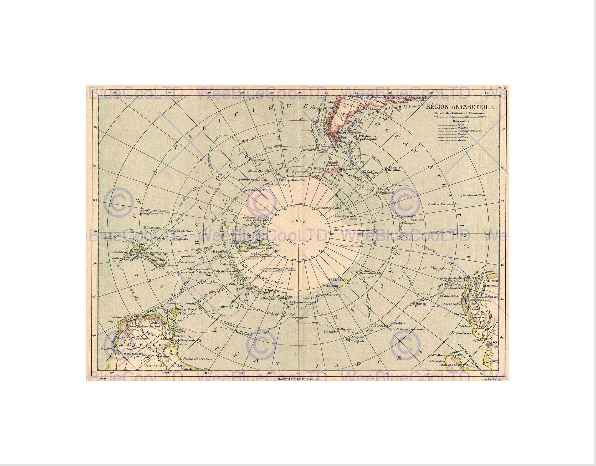Wee Blue Coo Map Illustrated Antique Hachette Antarctica Wall Art Print