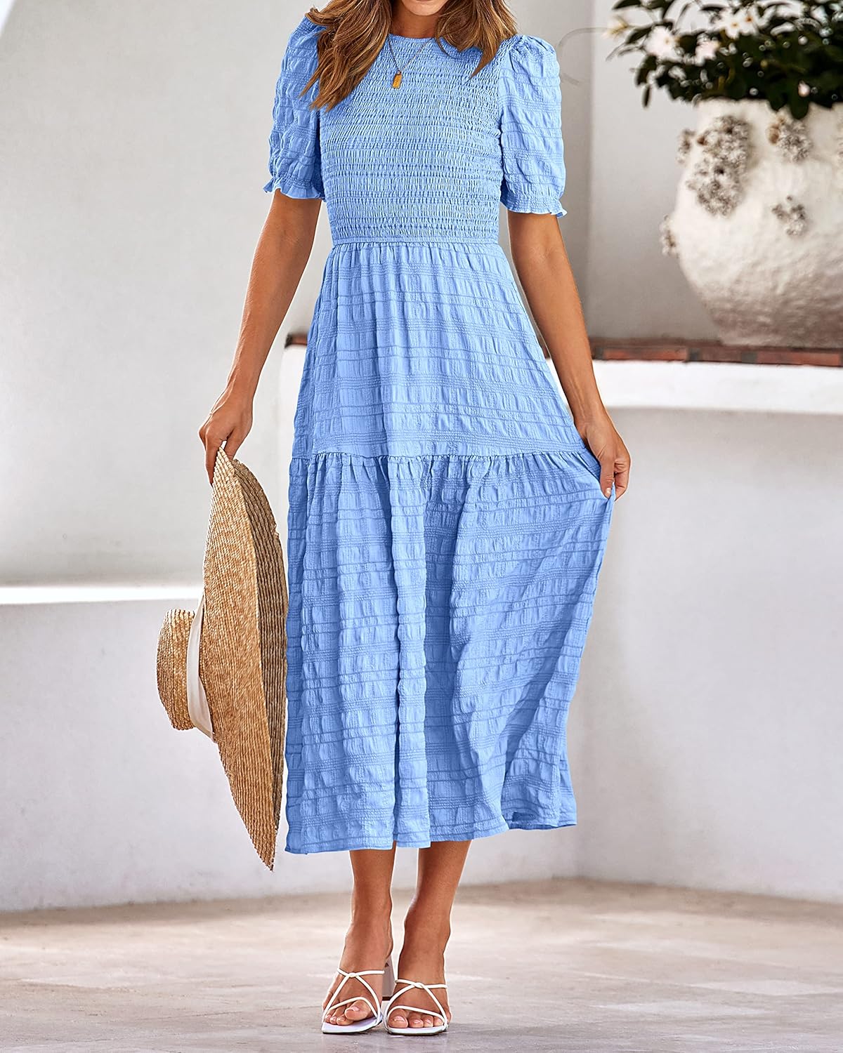 dowerme Womens Summer Dresses 2026 Casual Puff Short Sleeve Crewneck Smocked Flowy Ruffle Boho Beach Party Maxi Sundress - Image 7