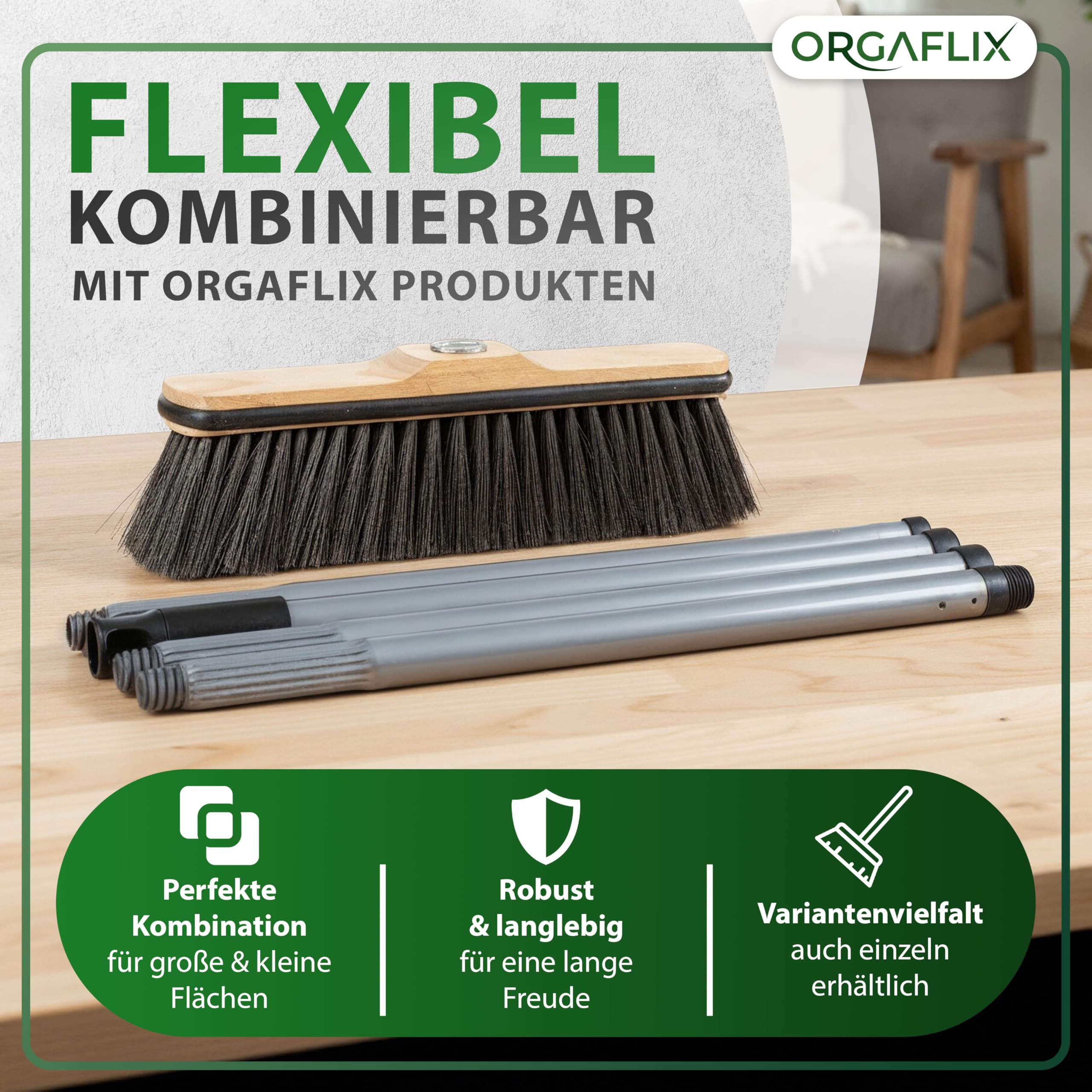 ORGAFLIX Manche de balai de qualité supérieure avec filetage de 24 mm, réglable de 60 à 130 cm, utilisation universelle pour balais, balai de route et balai industriel, manche en métal stable en gris