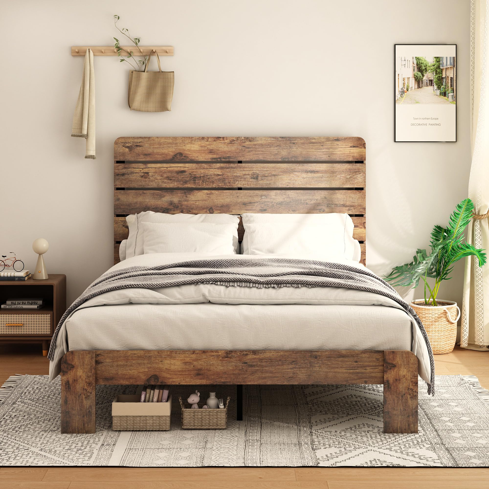 Photo 1 of Wooden Bed Frame Queen Size Platform with Headboard and Wood Slats Support Mattress Foundation, Large Under Bed Storage, Queen Bed Frame No Box Spring Needed, Noise Free & Easy Assembly Brown Queen