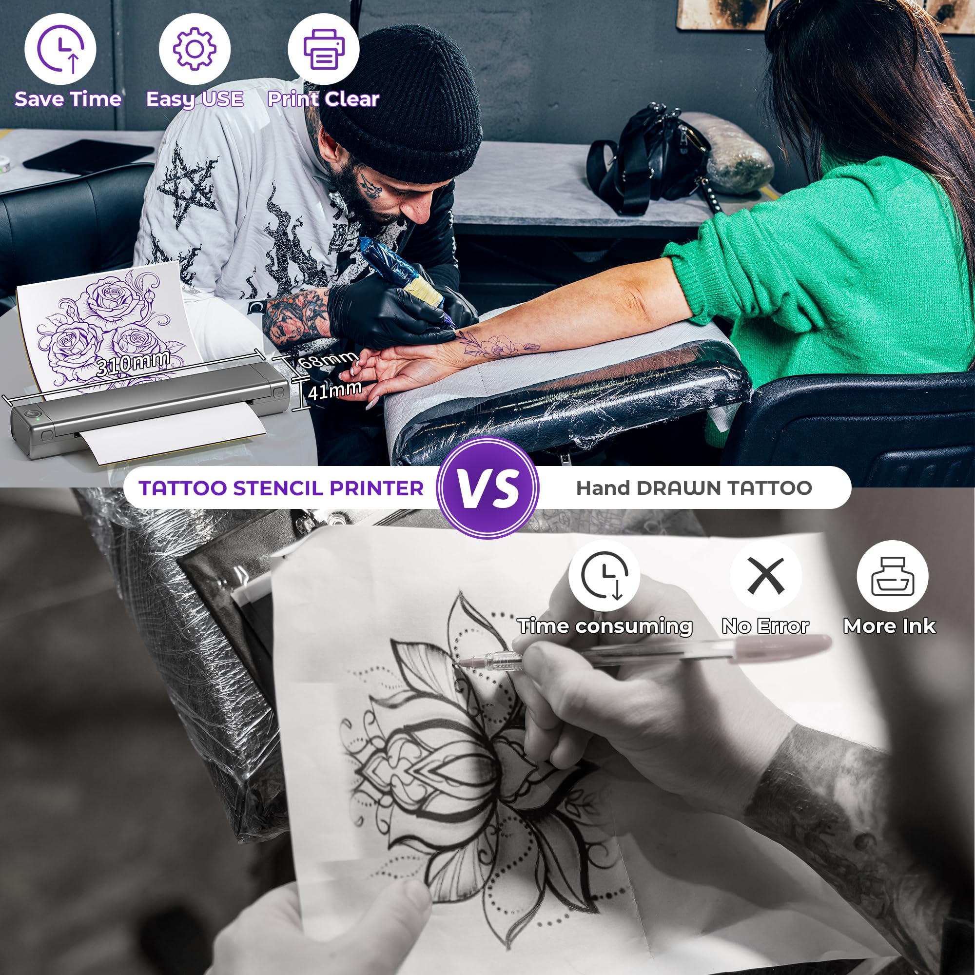 Tattoo Drucker Stencil Drucker mit 10 Blatt Stencil Papier für Tattoo Maschine Set, Thermodrucker Tattoo Kompatibel mit IPad & Telefon & PC für Tattoo Künstler und Anfänger DIY Tattoo, Silber