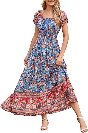 Womens Boho Floral Maxi Dress Round Neck Ruffle Sleeve Casual Summer Dresses Loose Flowy Bohemian Sundress for Beach Vacation