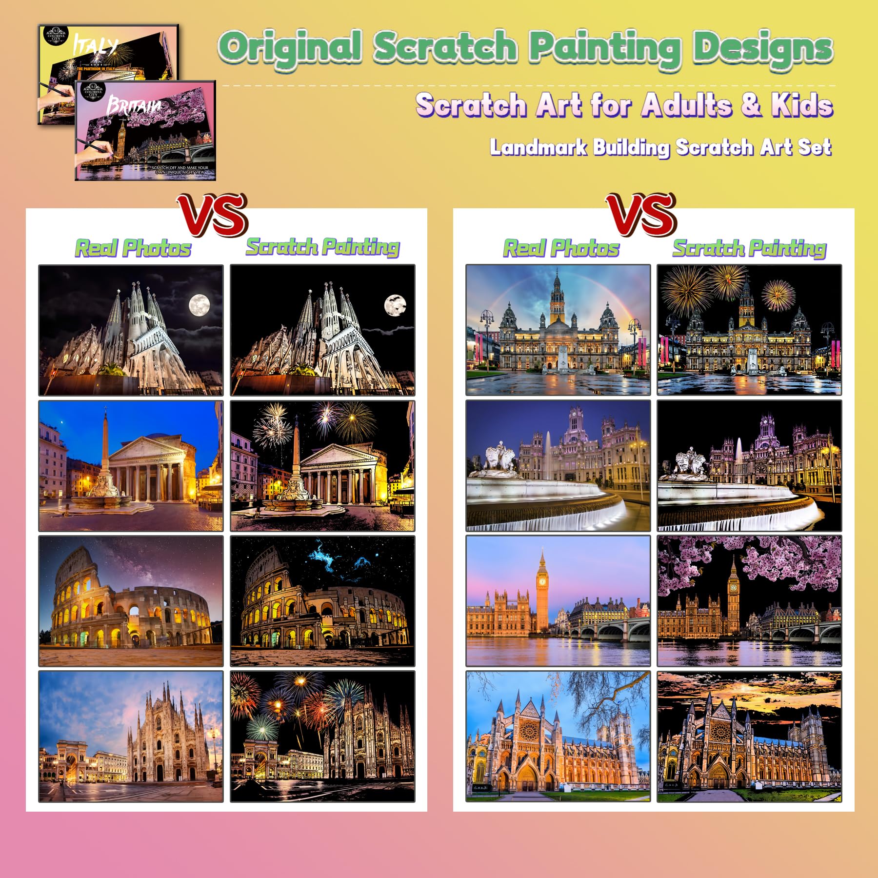 SiYear Scratch Art Painting Paper Set for Adults & Kids,Landmark Building City Series Night Scene,Scratchboard Creative Gift DIY Foil Engraving Crafts with 4 Tools (Europe Series -8Pack) - Image 3