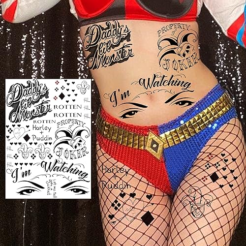 Miniatura 7 de COKTAK Juego de 6 hojas de tatuajes de bromista para Halloween, disfraz de cosplay, HQ payaso Joker tatuajes faciales, tatuajes temporales falsos de